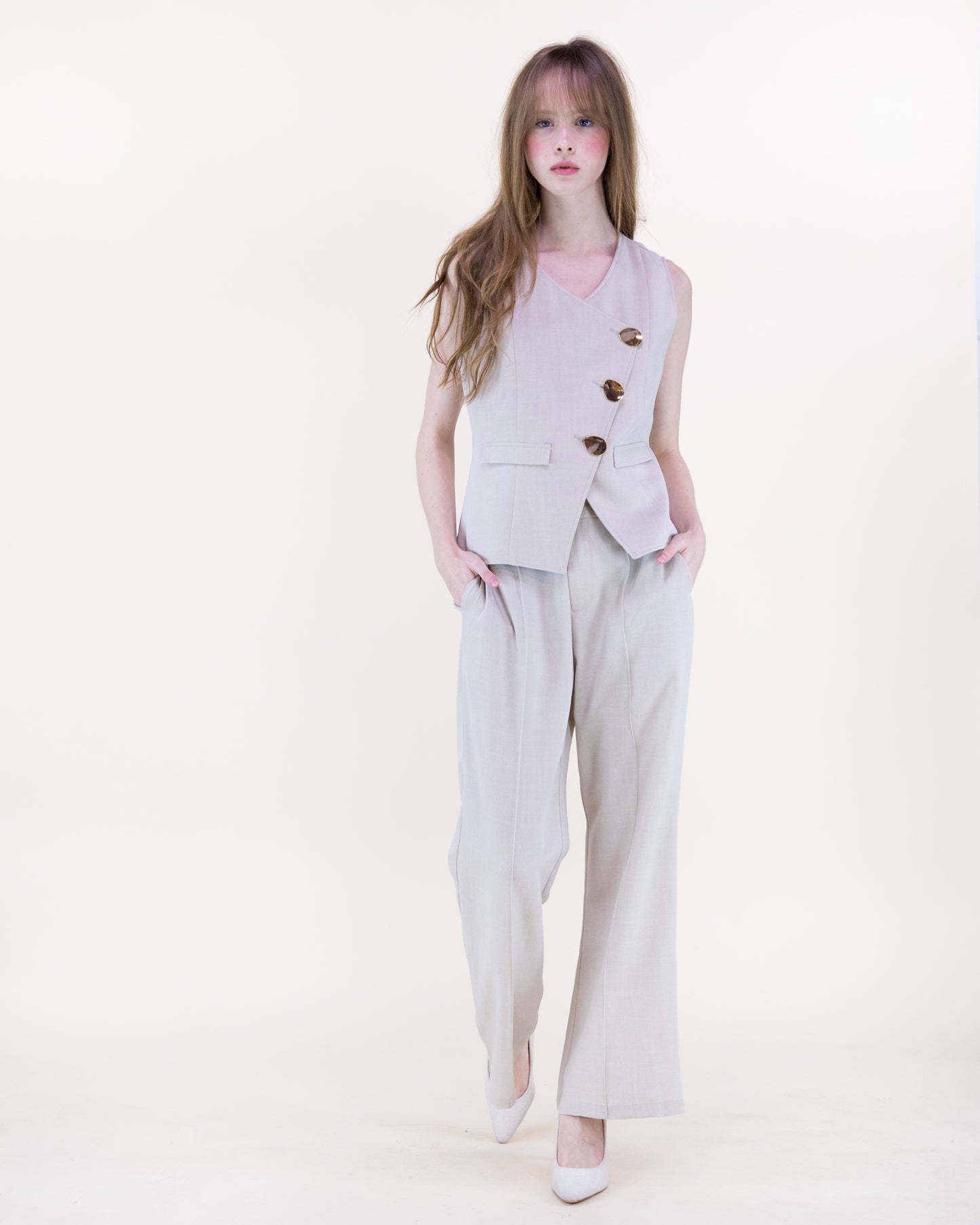 Laguna Linen Asymmetrical Gold Button Cropped Vest