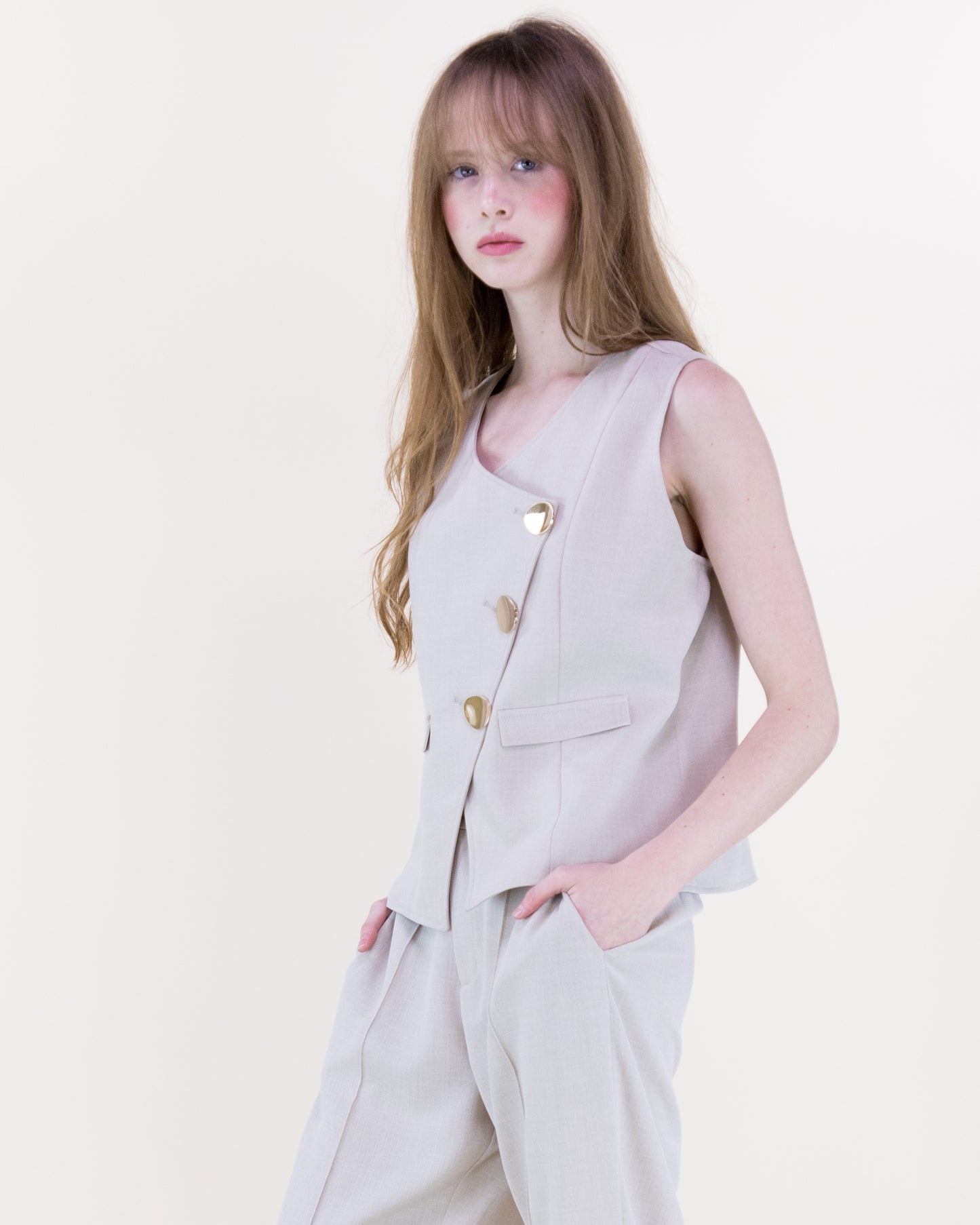 Laguna Linen Asymmetrical Gold Button Cropped Vest