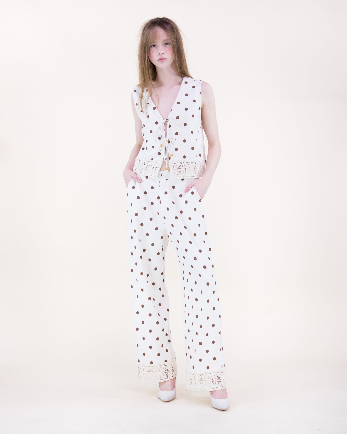Summer Polka Dots Crochet Hem Front Tie Vest