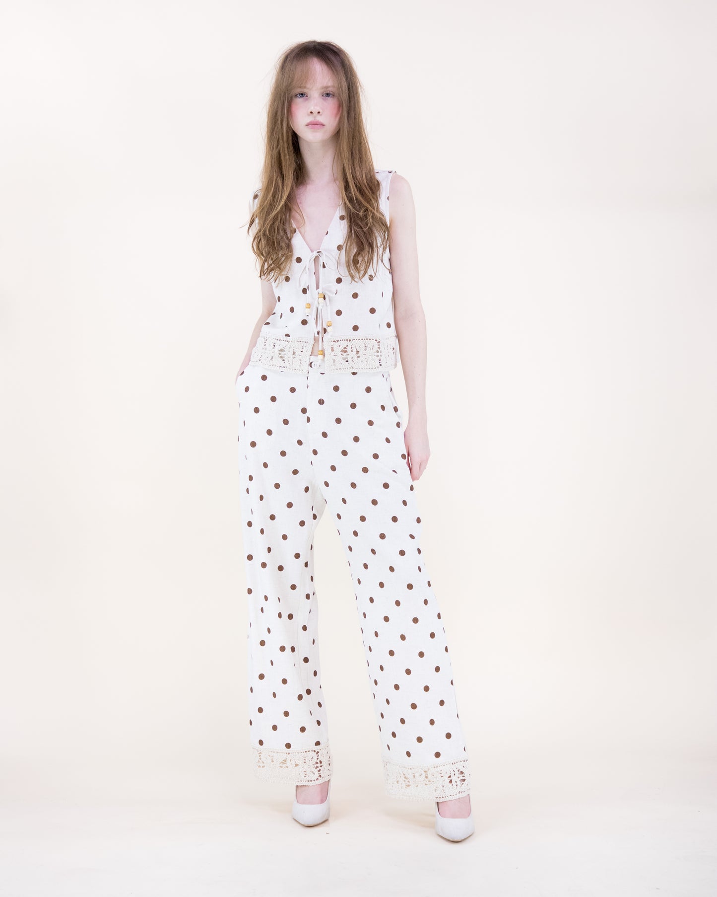 Summer Polka Dots Crochet Hem Wide Leg Trousers