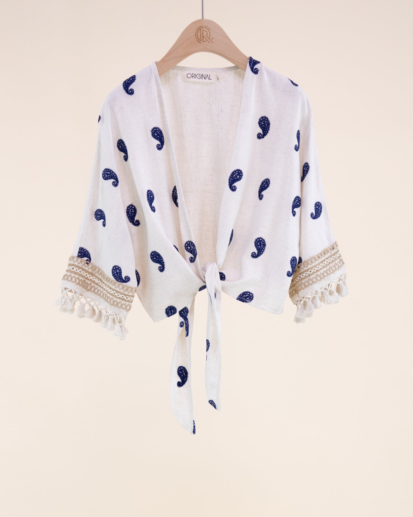 Coastal Paisley Front Tie Tassel Hem Crop Top