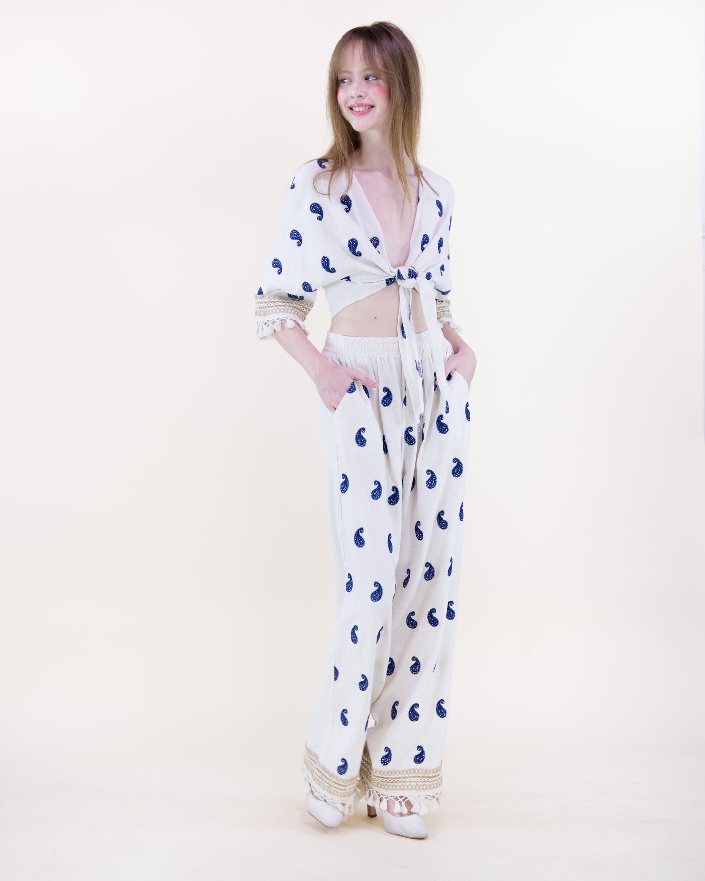 Coastal Paisley Tassel Hem Wide Leg Trousers