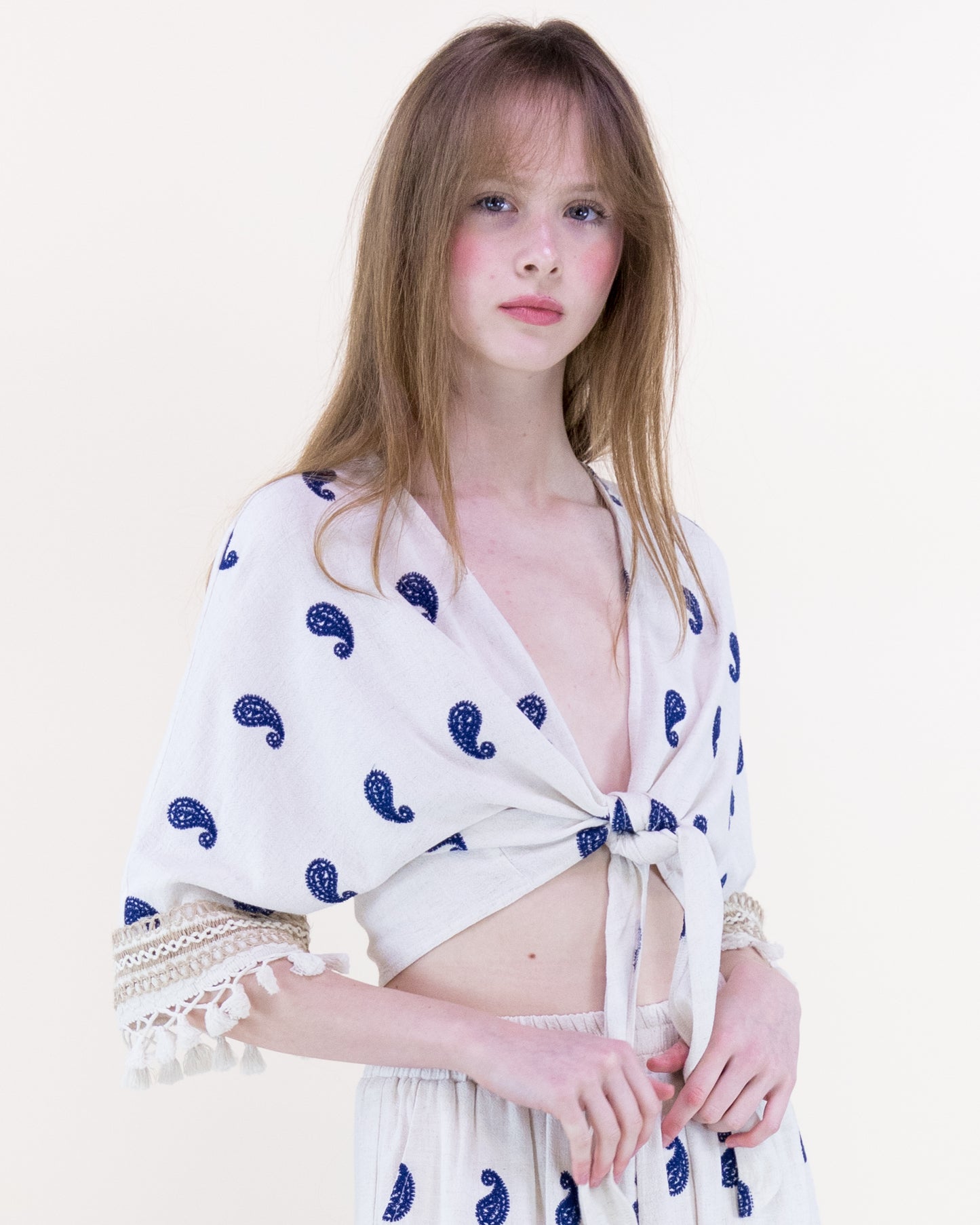 Coastal Paisley Front Tie Tassel Hem Crop Top