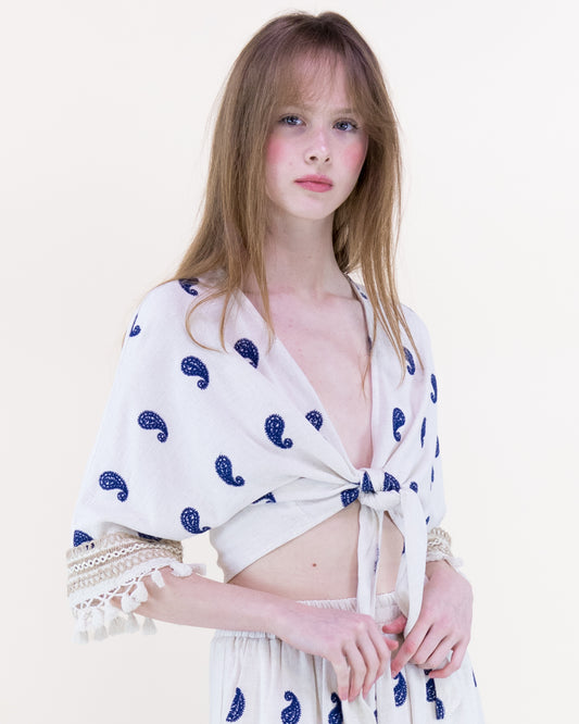 Coastal Paisley Front Tie Tassel Hem Crop Top
