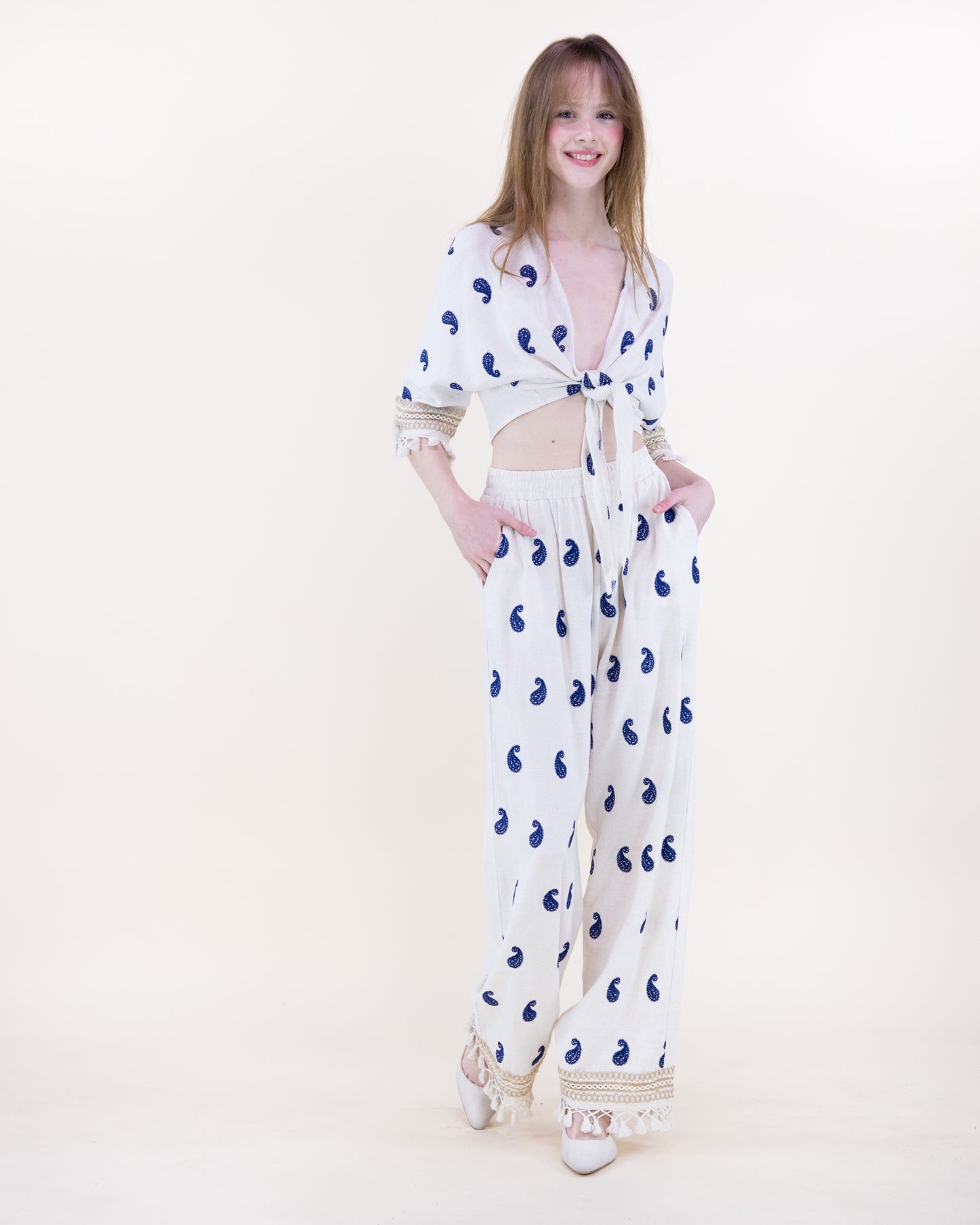 Coastal Paisley Tassel Hem Wide Leg Trousers
