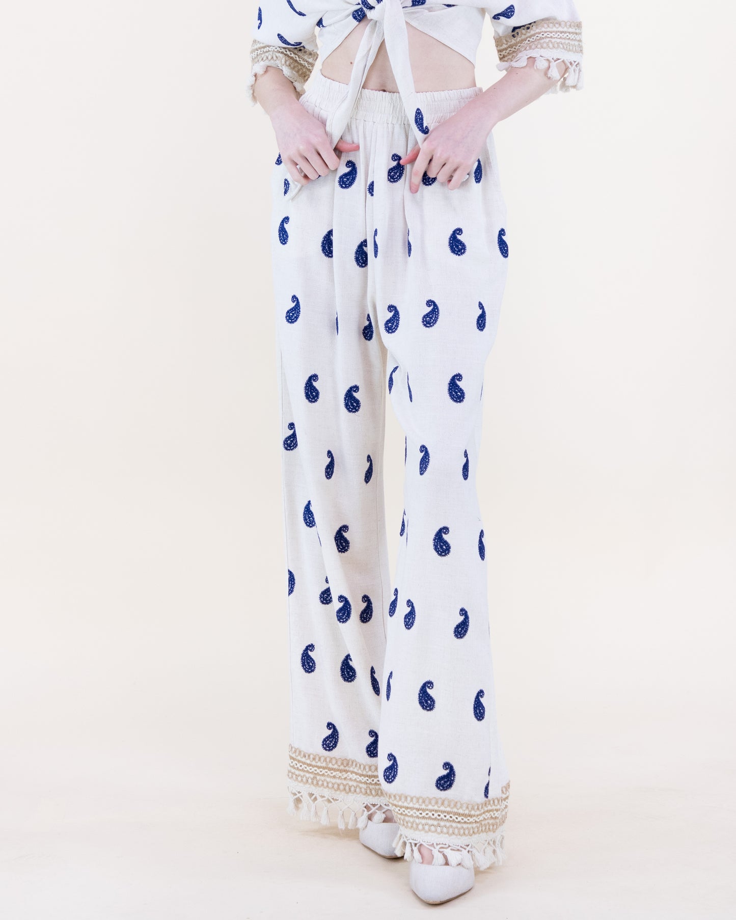 Coastal Paisley Tassel Hem Wide Leg Trousers