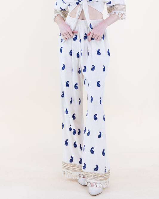 Coastal Paisley Tassel Hem Wide Leg Trousers