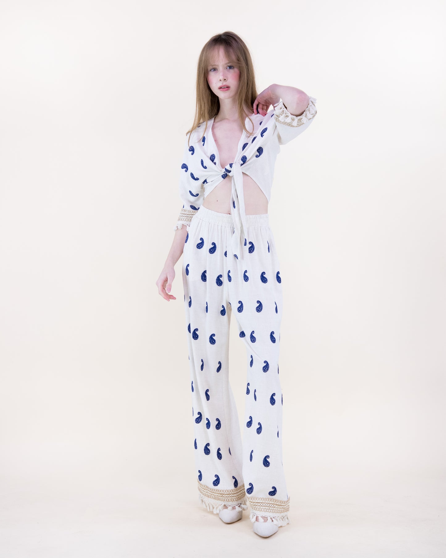 Coastal Paisley Tassel Hem Wide Leg Trousers