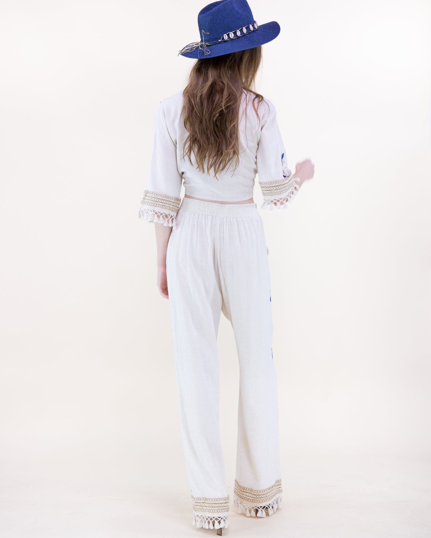 Coastal Paisley Tassel Hem Wide Leg Trousers