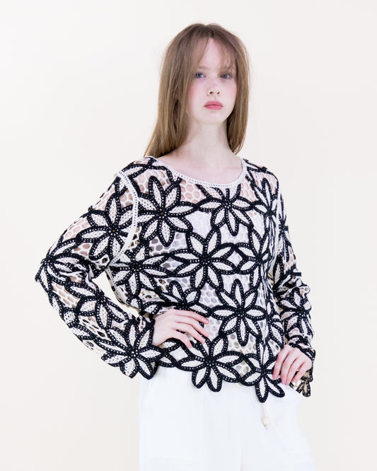 Guipure Flower Lace Long Sleeve Crochet Top