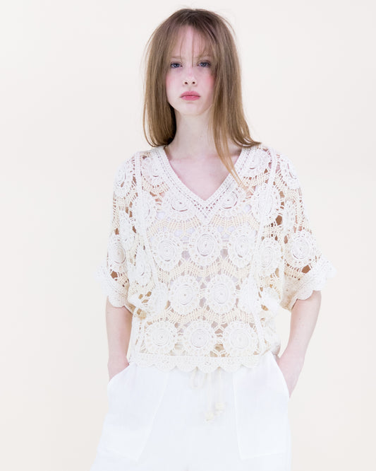 Spring Medallion Crochet Lace Bat Wing Top