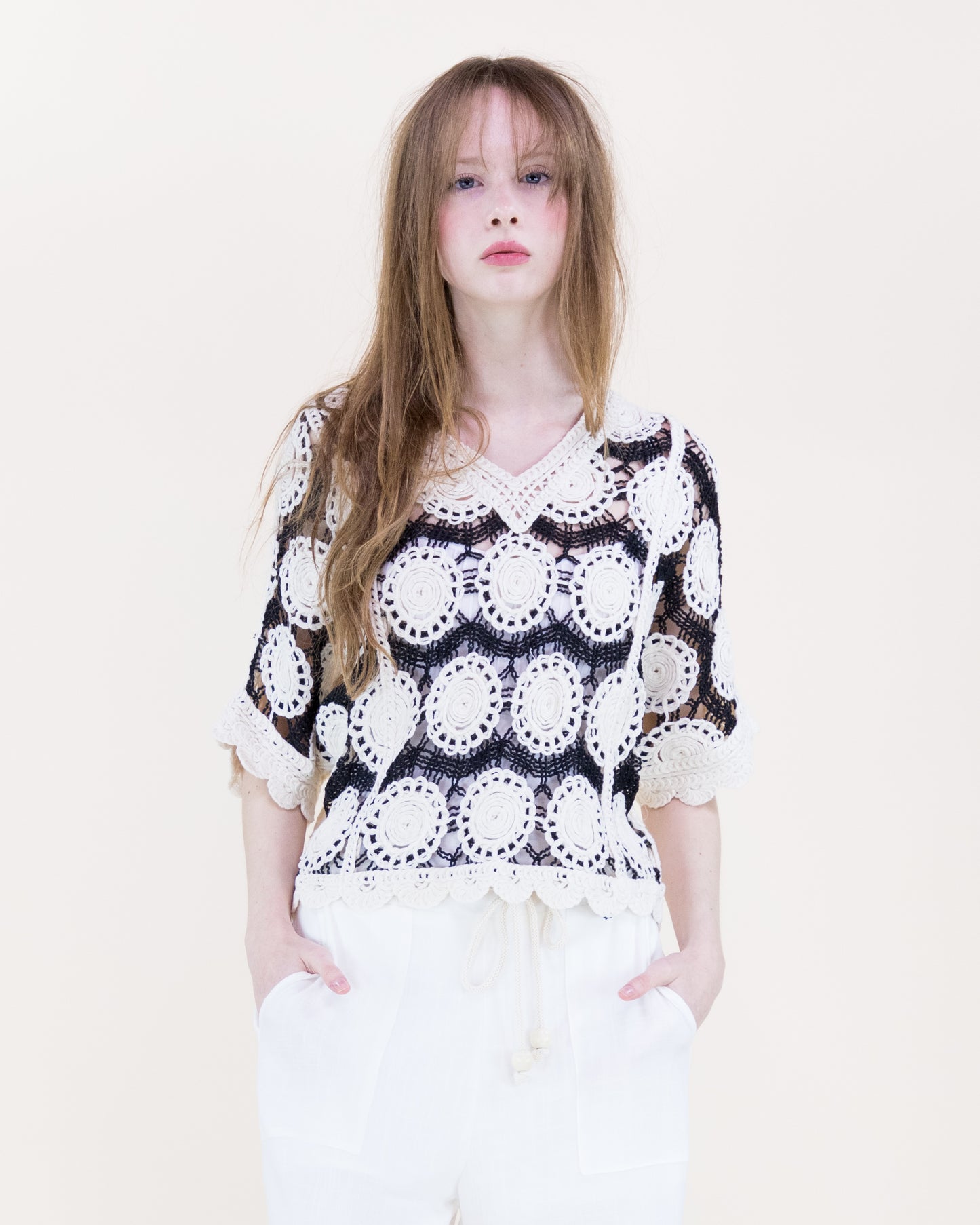 Spring Medallion Crochet Lace Bat Wing Top