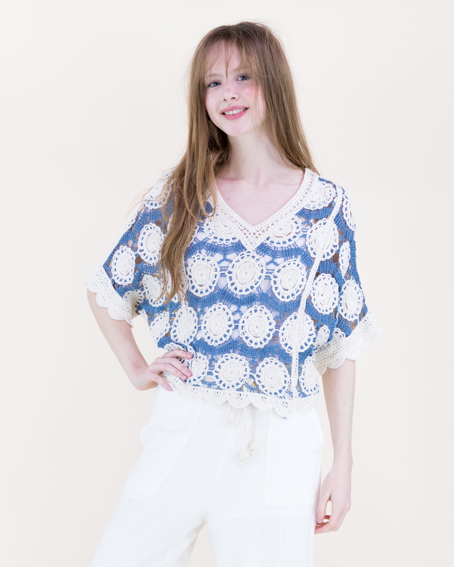 Spring Medallion Crochet Lace Bat Wing Top