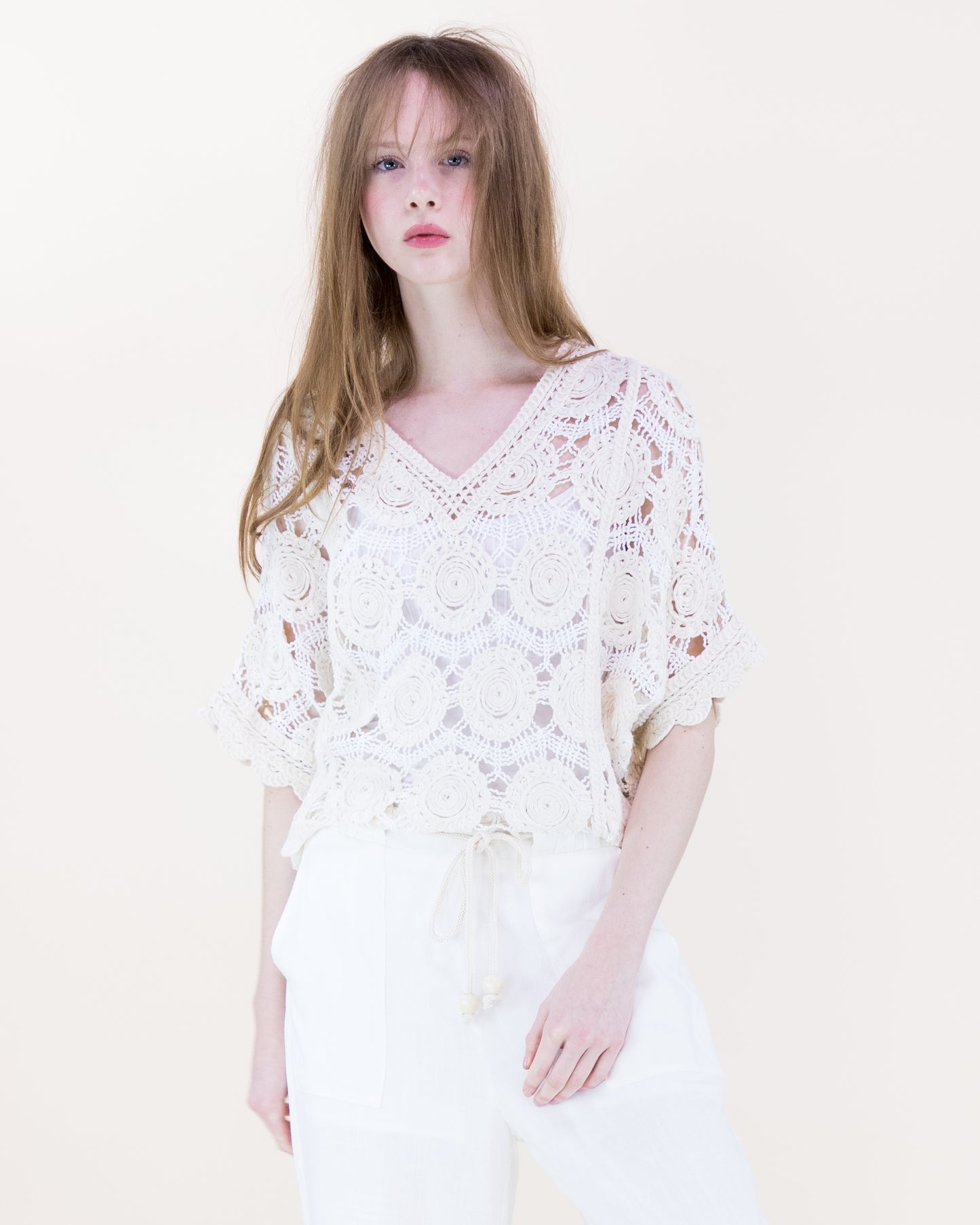 Spring Medallion Crochet Lace Bat Wing Top