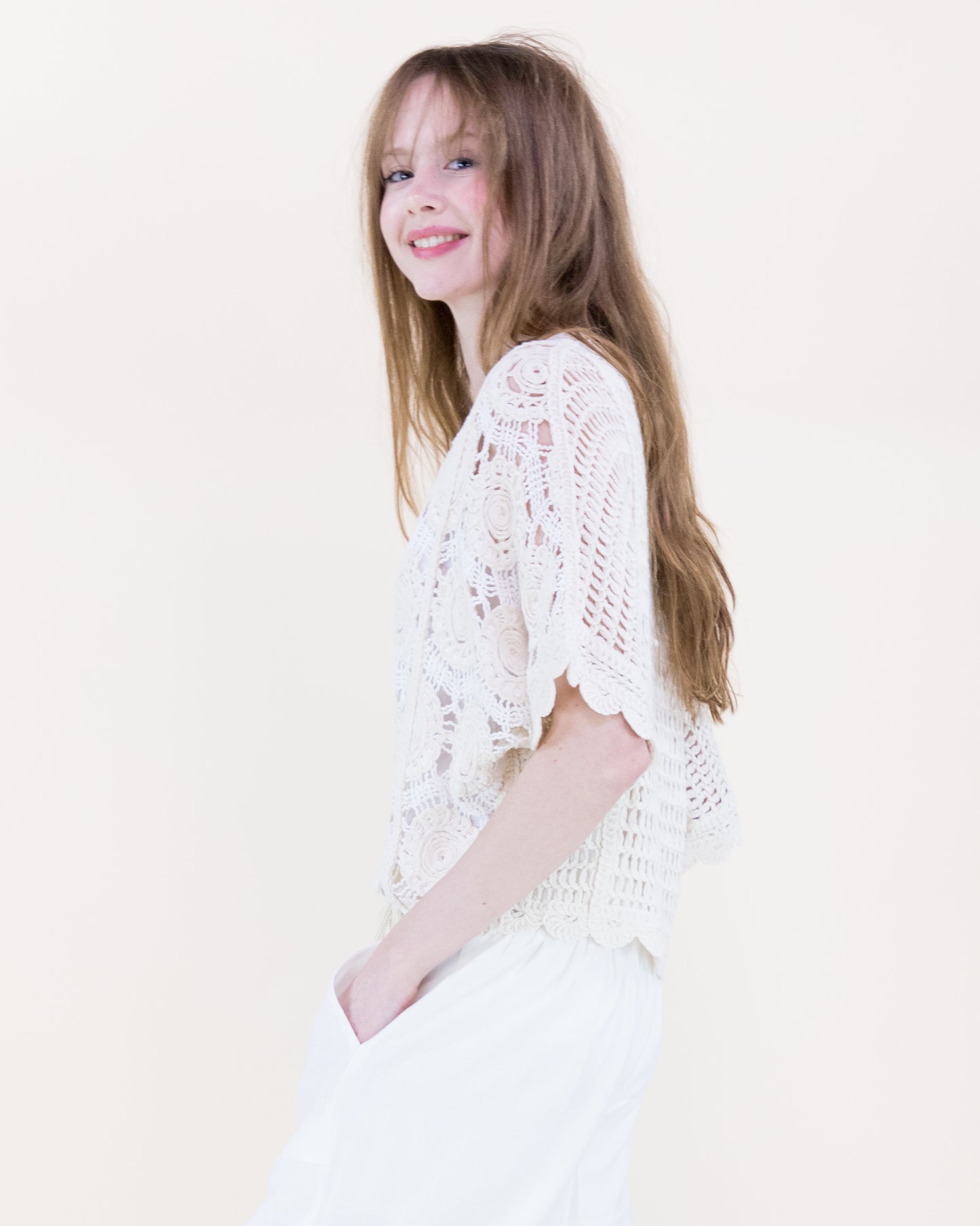 Spring Medallion Crochet Lace Bat Wing Top
