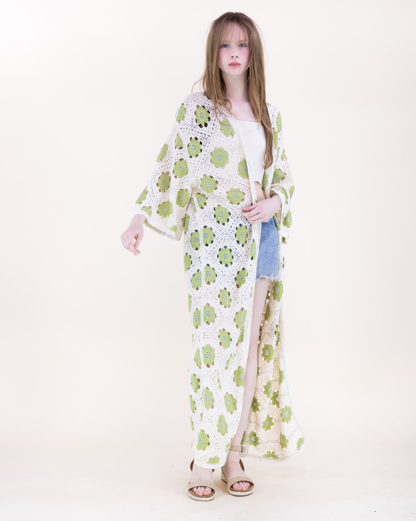 Petunia Half Sleeve Maxi Crochet Kimono Cardigan