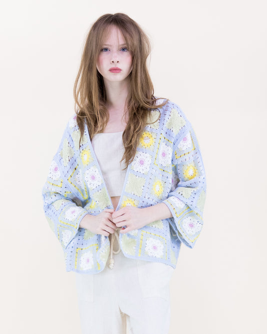Sunny Floral Granny Square Crochet Long Sleeve Cardigan