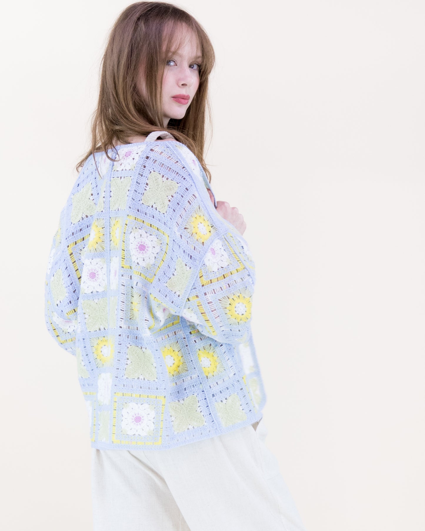 Sunny Floral Granny Square Crochet Long Sleeve Cardigan