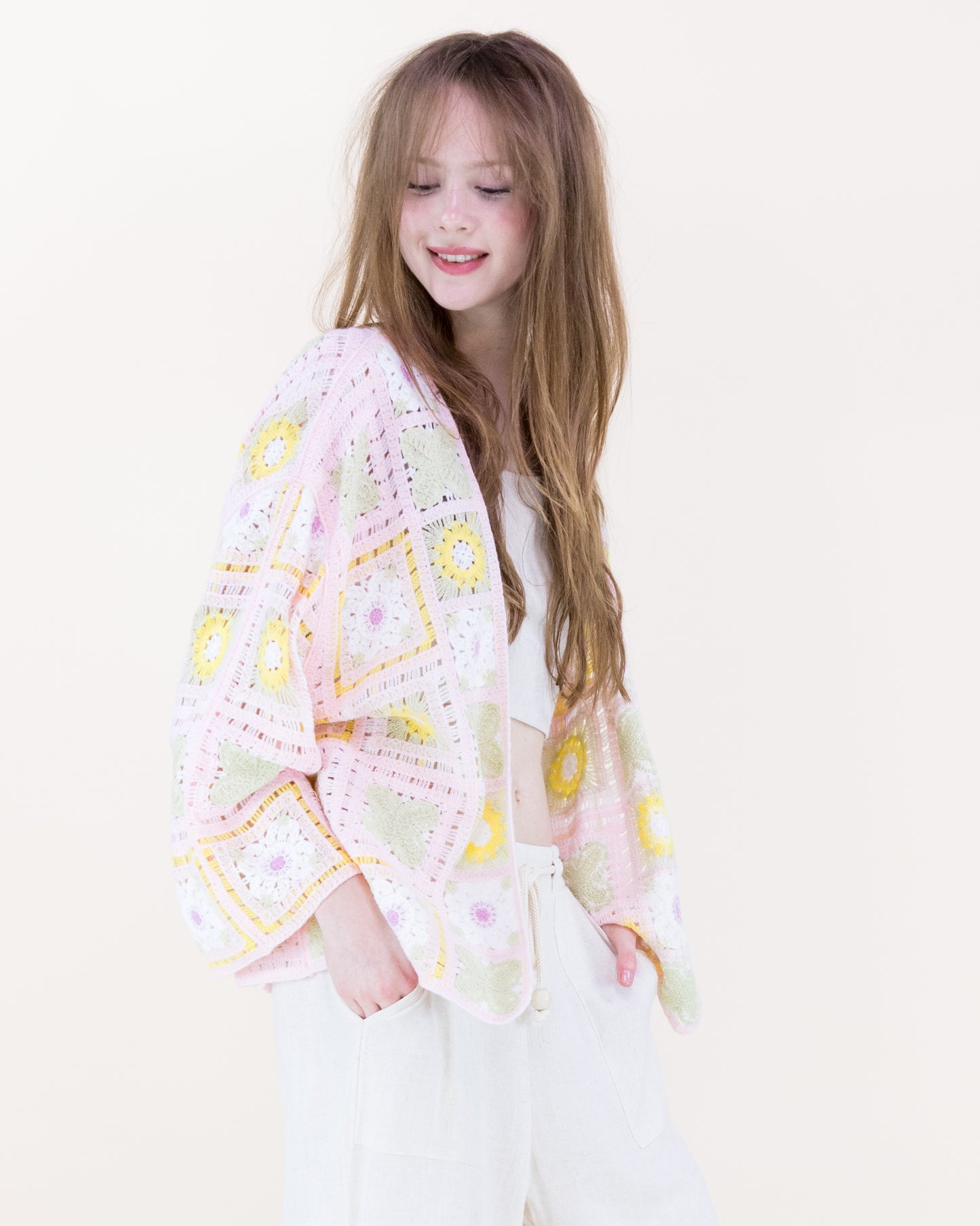 Sunny Floral Granny Square Crochet Long Sleeve Cardigan