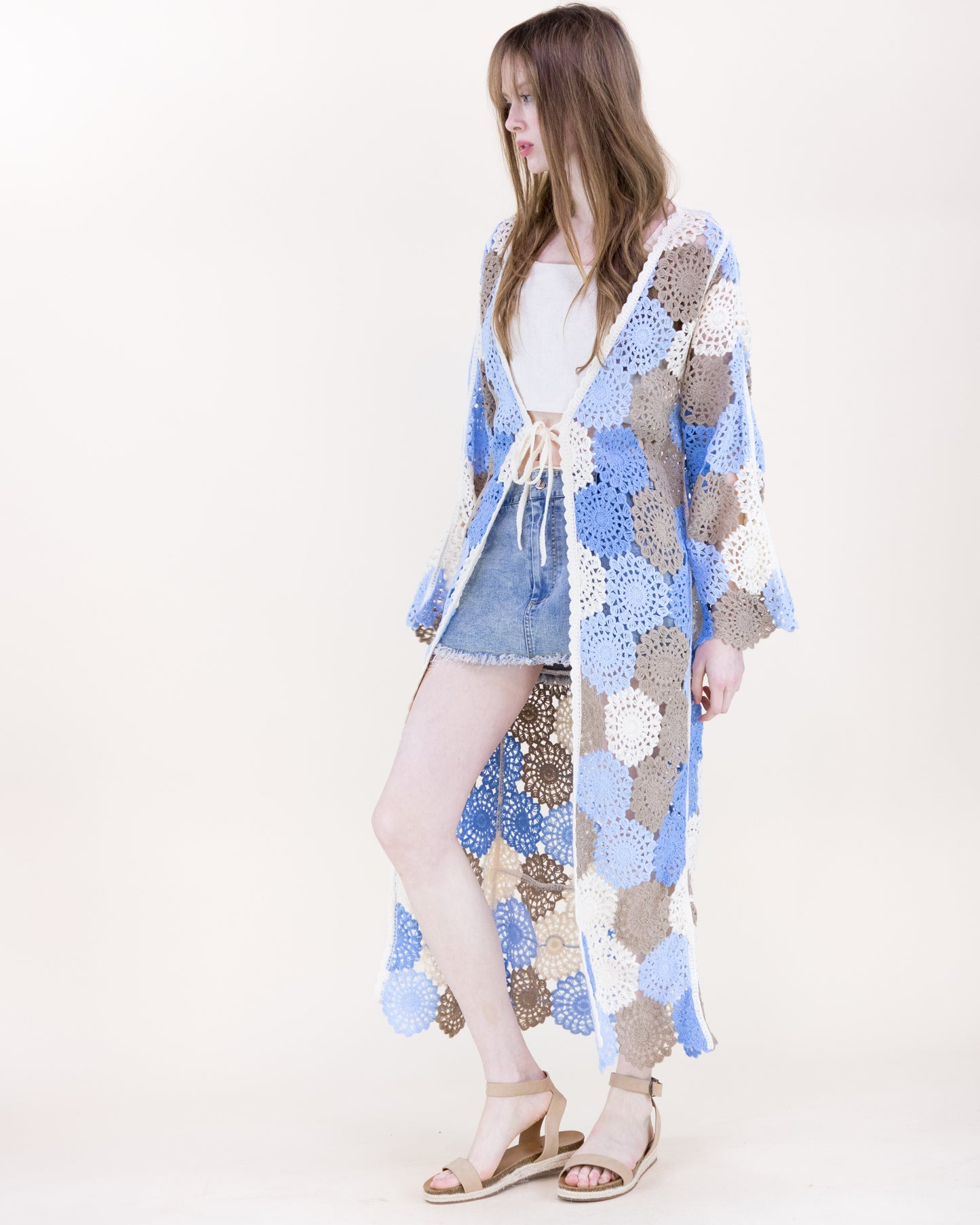 Doily Mosaic Front-tie Maxi Crochet Cardigan