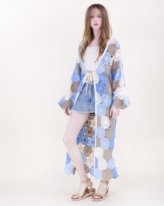 Doily Mosaic Front-tie Maxi Crochet Cardigan