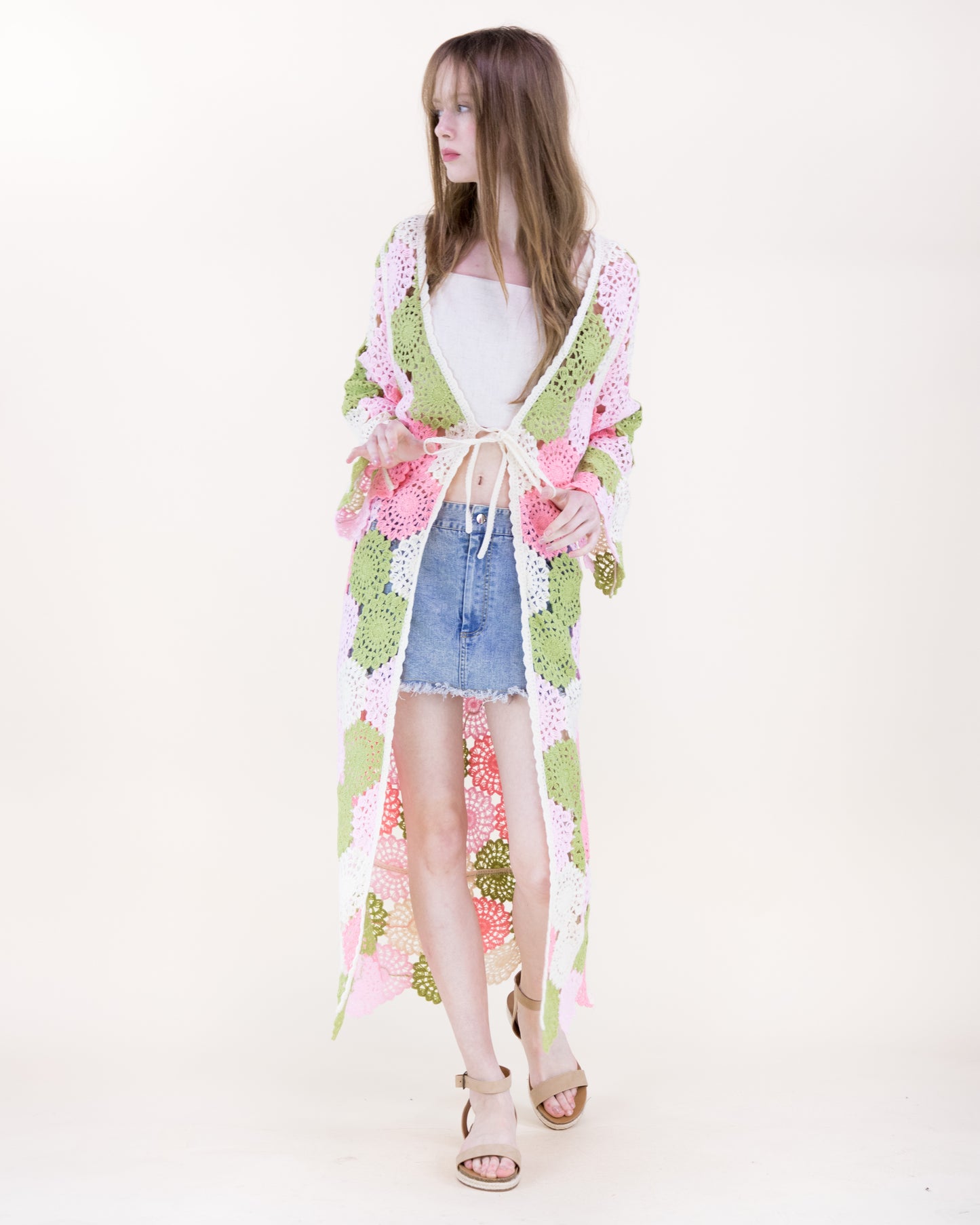 Doily Mosaic Front-tie Maxi Crochet Cardigan