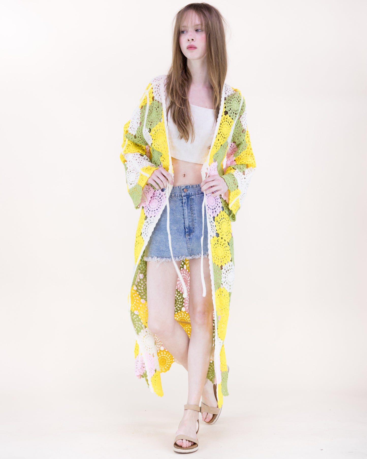 Doily Mosaic Front-tie Maxi Crochet Cardigan