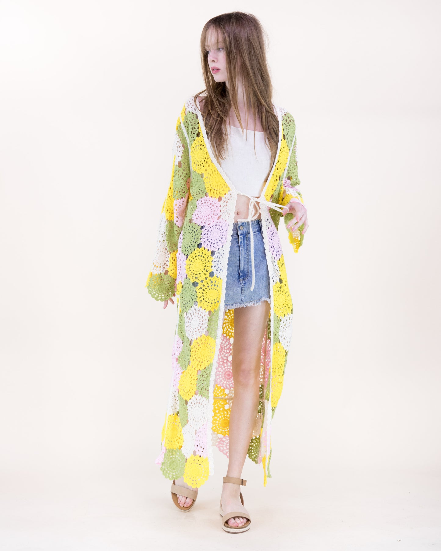 Doily Mosaic Front-tie Maxi Crochet Cardigan