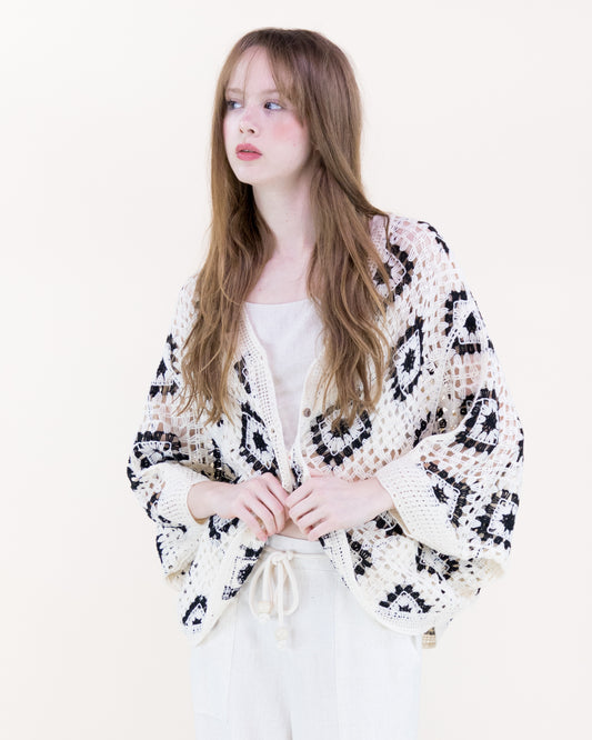 Diamond Crochet Button Front Cropped Cardigan