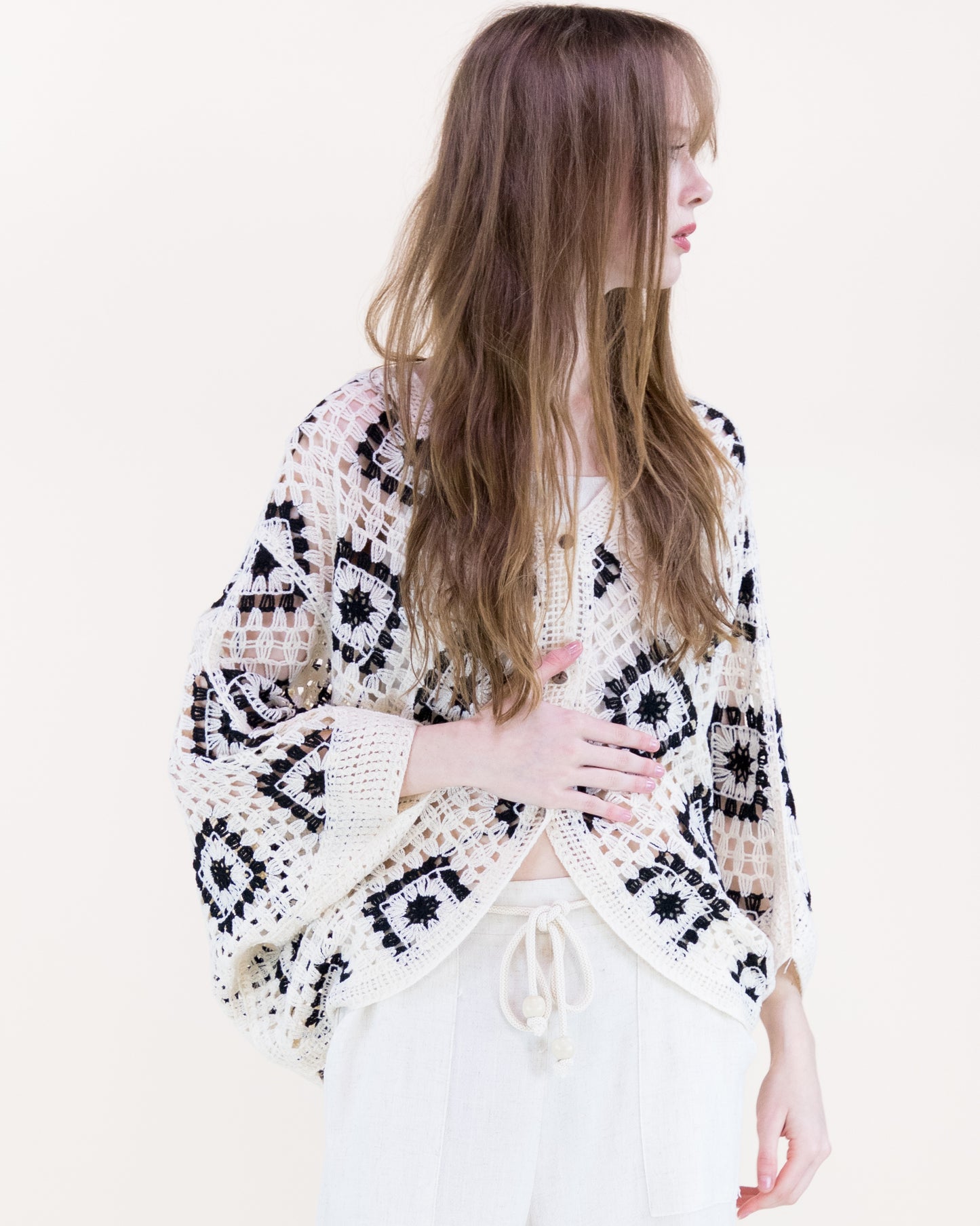 Diamond Crochet Button Front Cropped Cardigan
