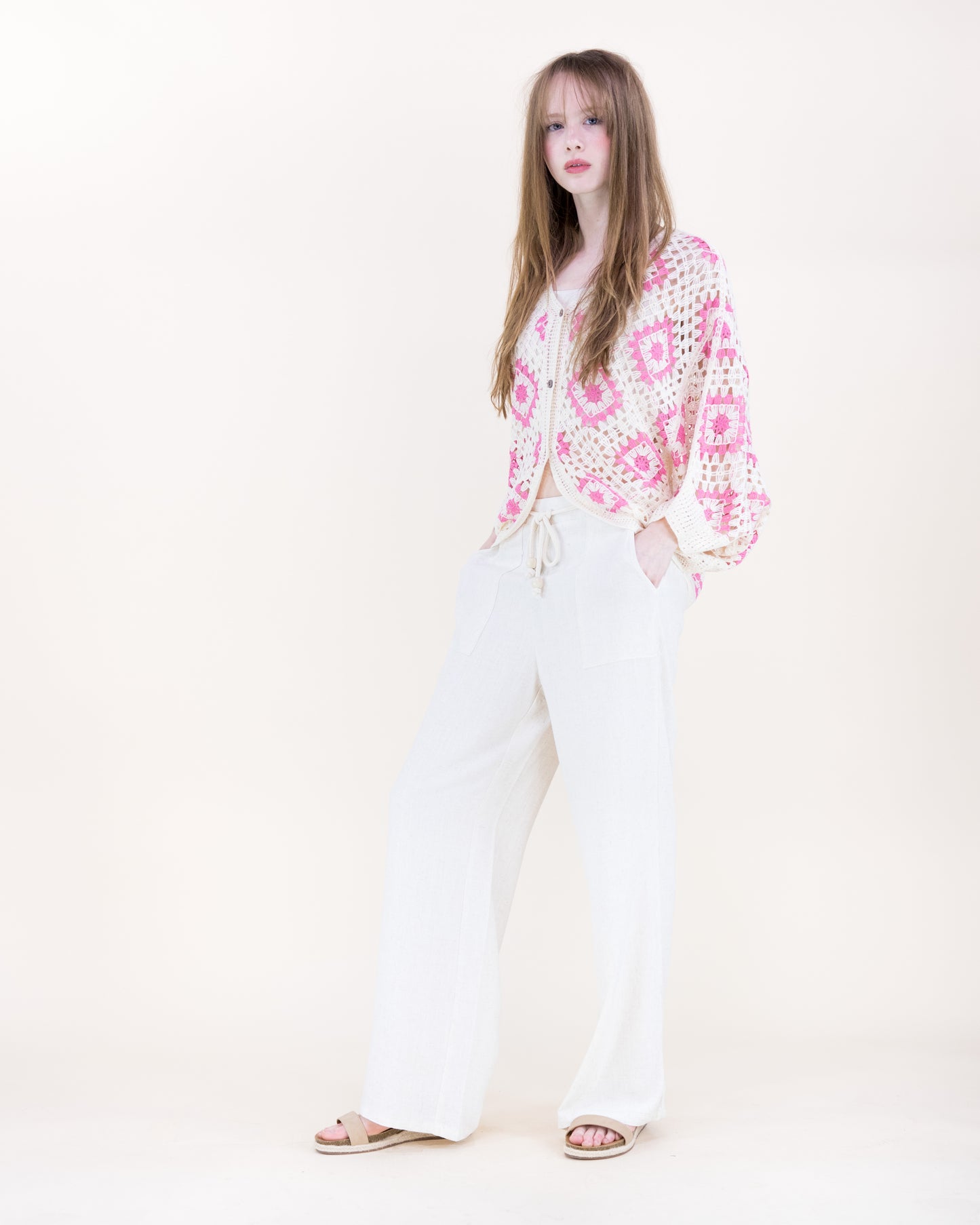 Diamond Crochet Button Front Cropped Cardigan