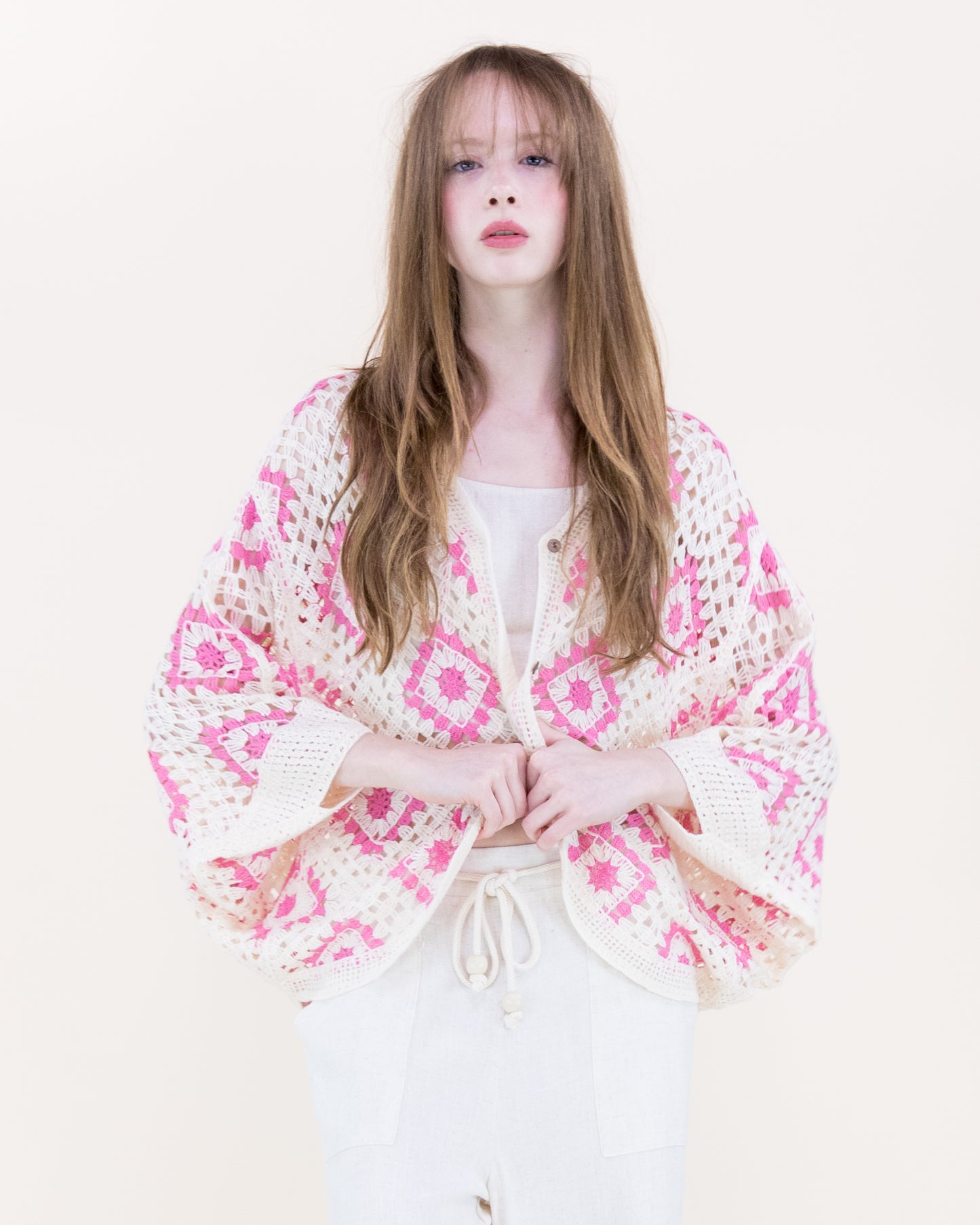 Diamond Crochet Button Front Cropped Cardigan