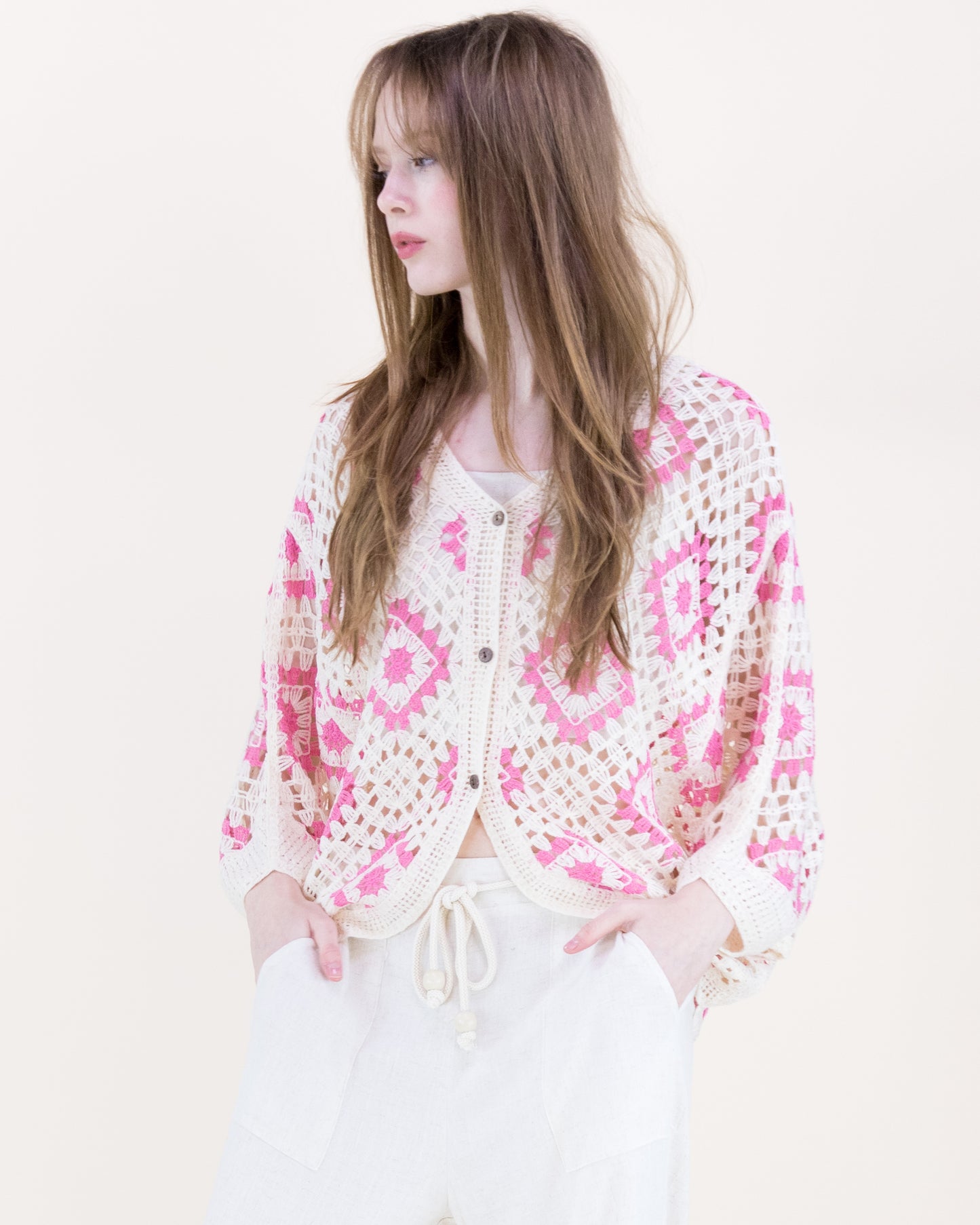 Diamond Crochet Button Front Cropped Cardigan