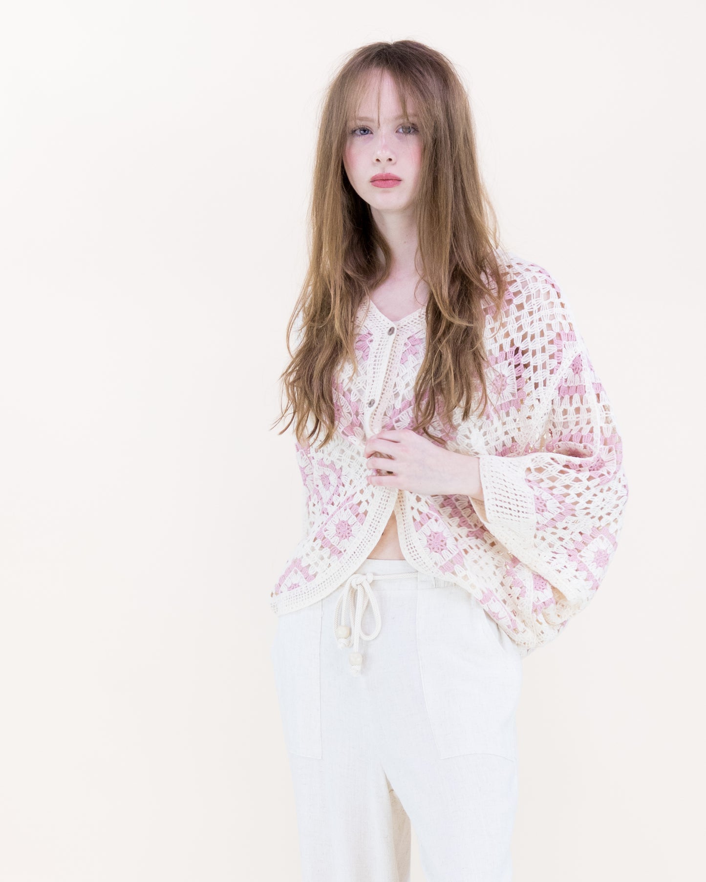 Diamond Crochet Button Front Cropped Cardigan