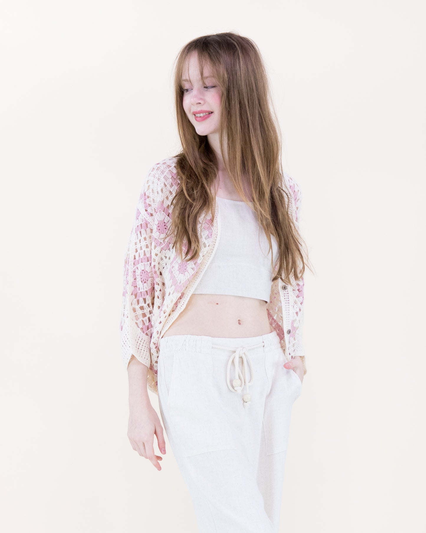 Diamond Crochet Button Front Cropped Cardigan