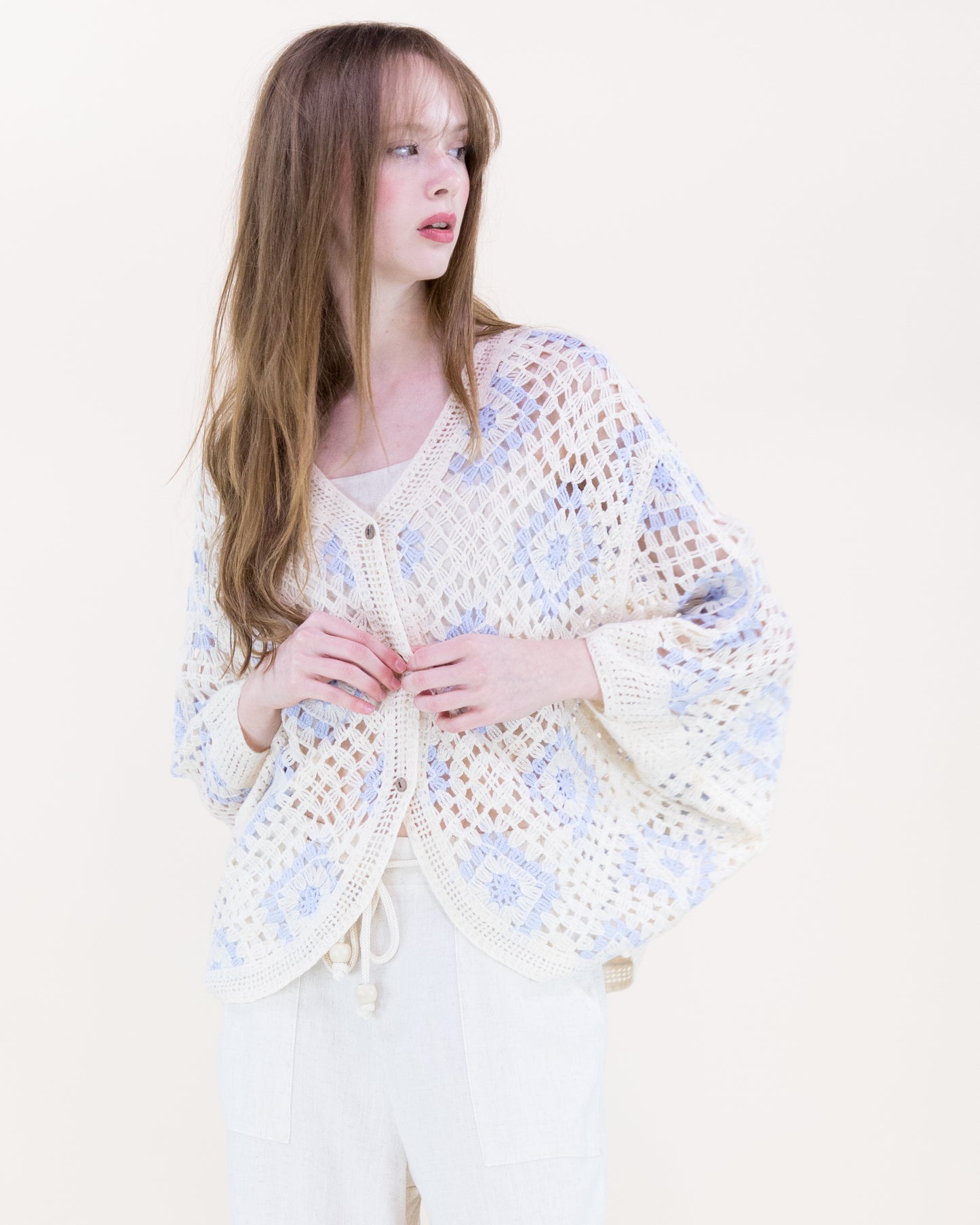 Diamond Crochet Button Front Cropped Cardigan