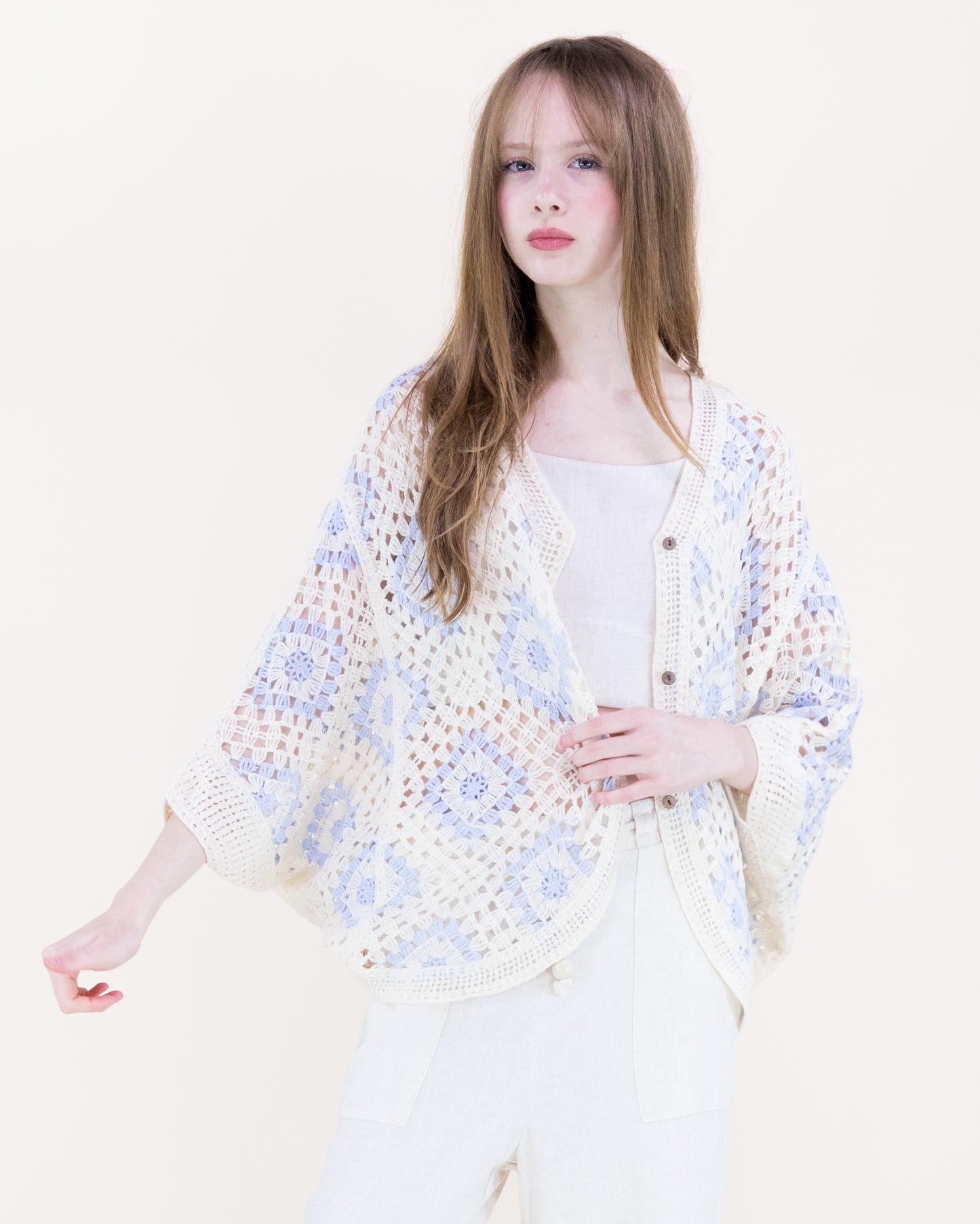 Diamond Crochet Button Front Cropped Cardigan