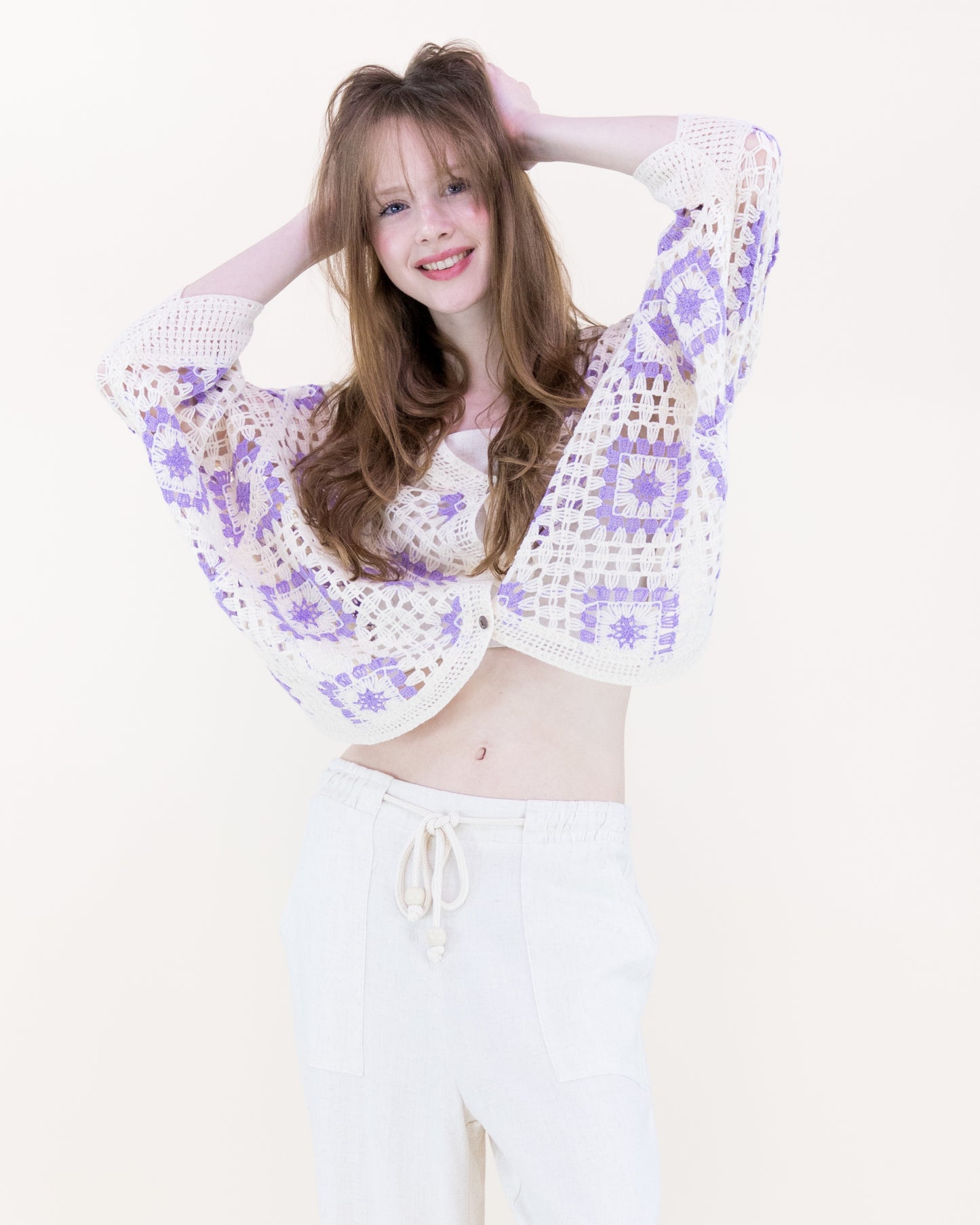 Diamond Crochet Button Front Cropped Cardigan