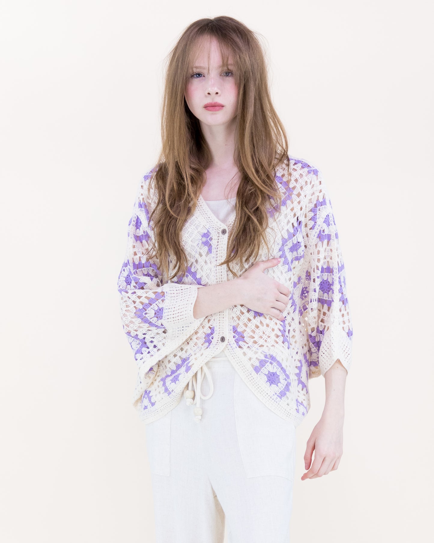 Diamond Crochet Button Front Cropped Cardigan