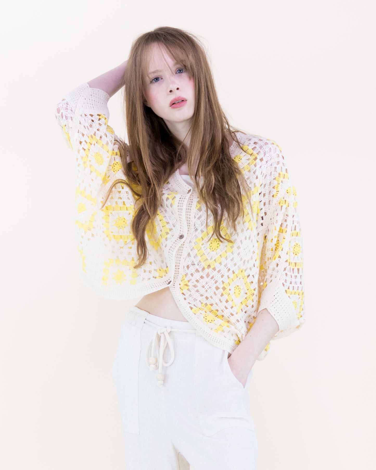 Diamond Crochet Button Front Cropped Cardigan
