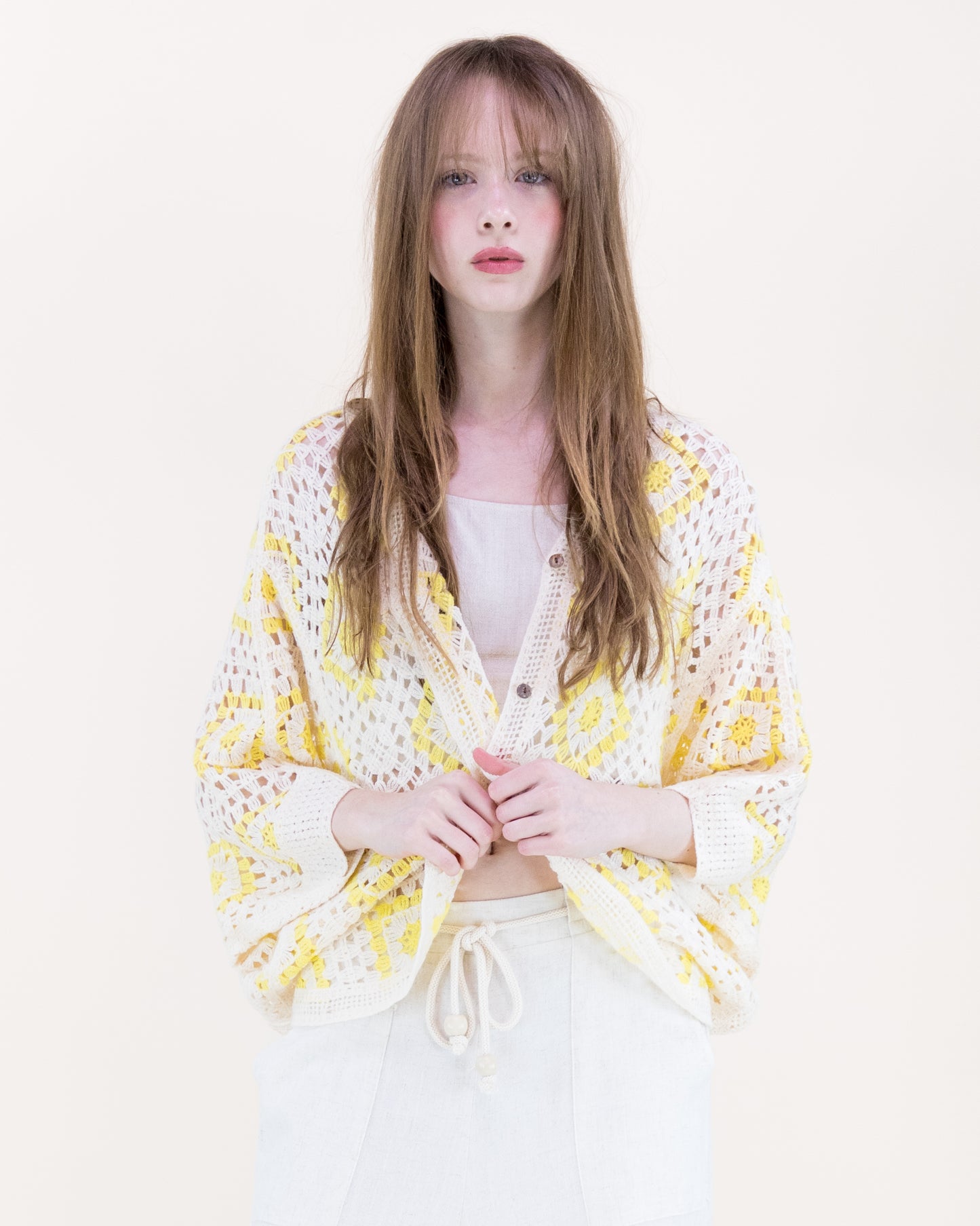 Diamond Crochet Button Front Cropped Cardigan