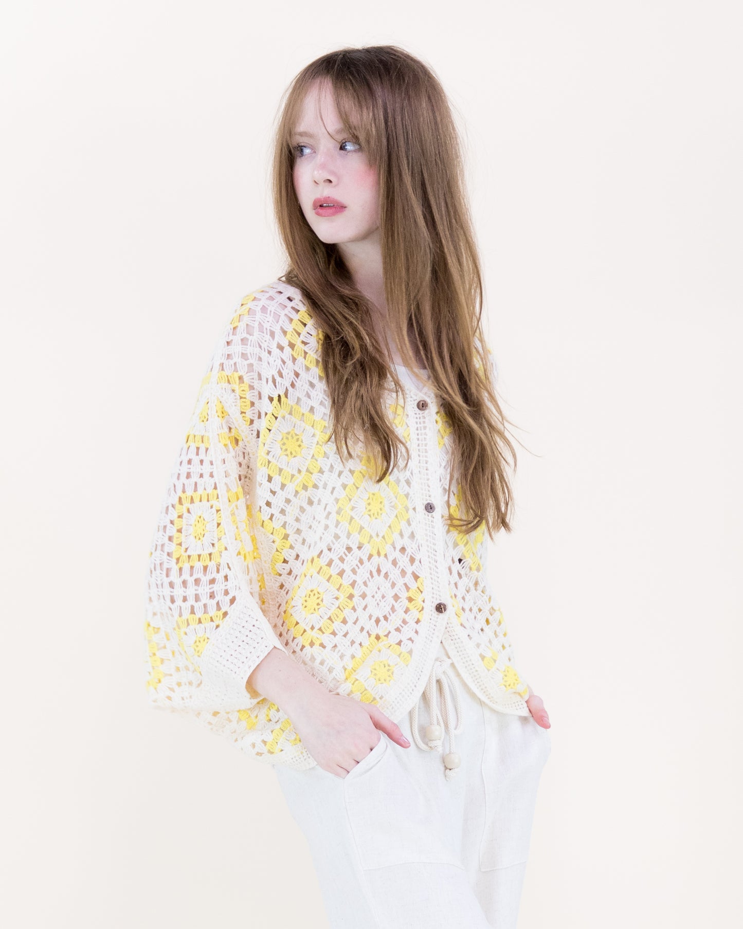 Diamond Crochet Button Front Cropped Cardigan