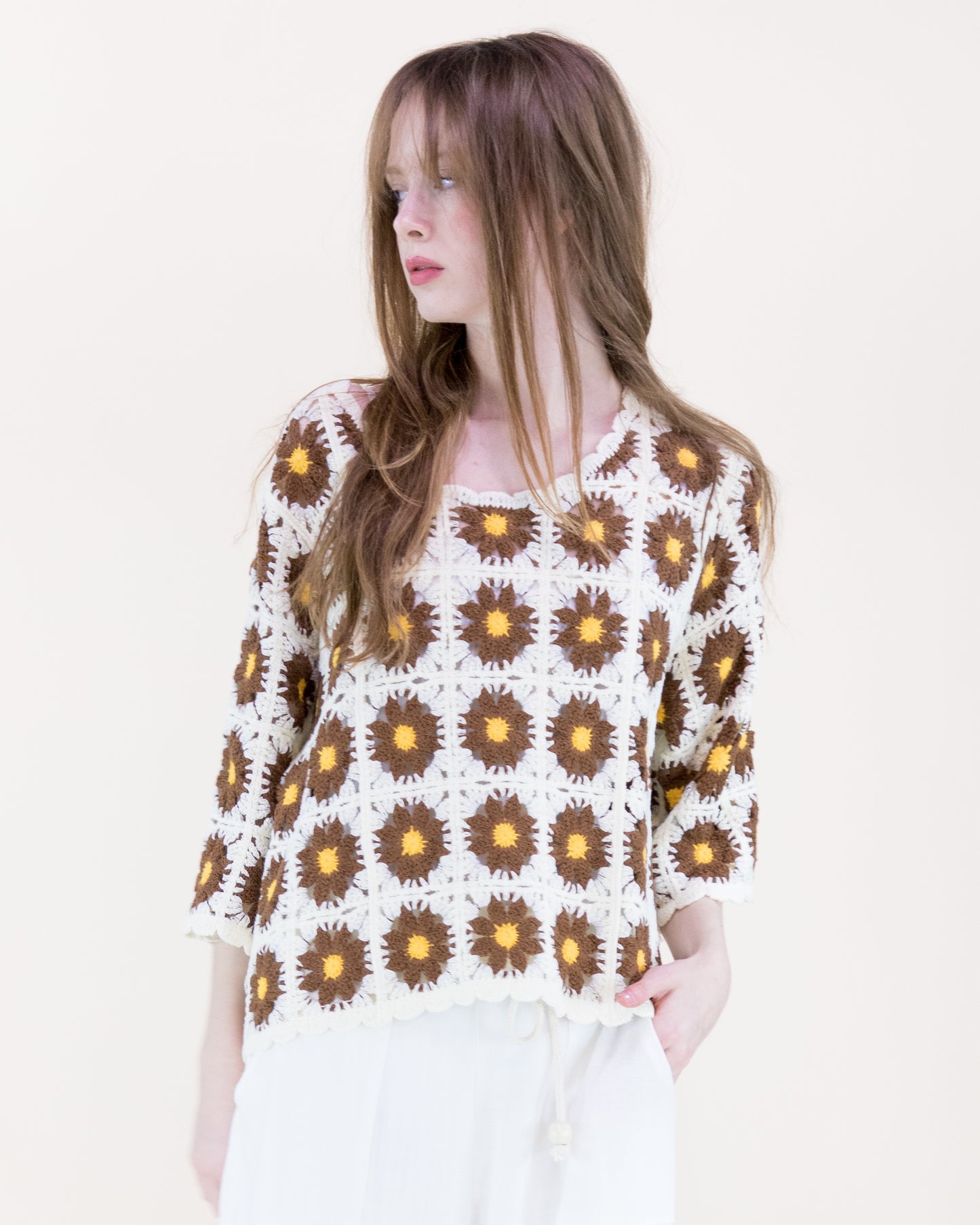 Daisy Cotton Crochet Quarter Sleeve Summer Sweater