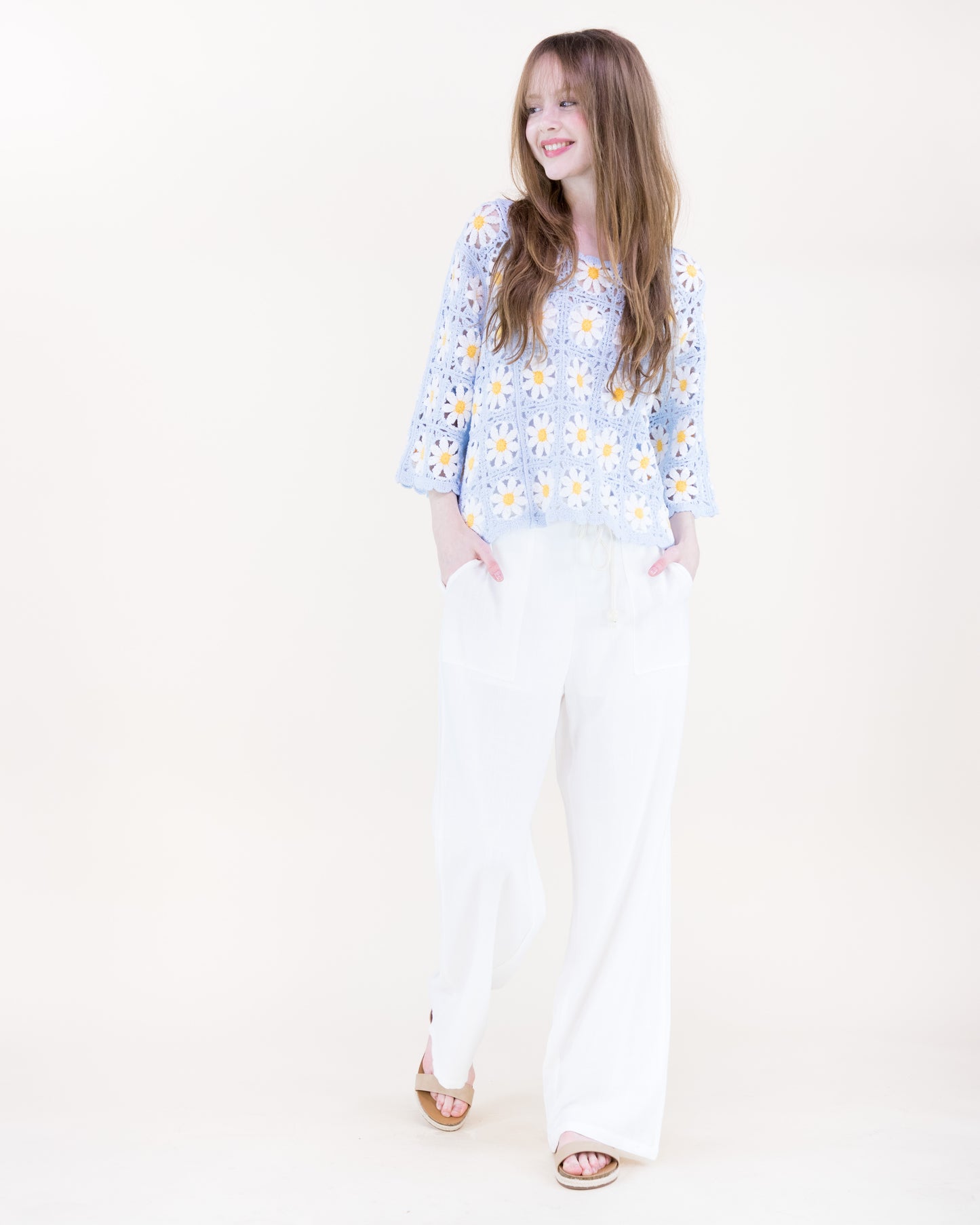 Daisy Cotton Crochet Quarter Sleeve Summer Sweater