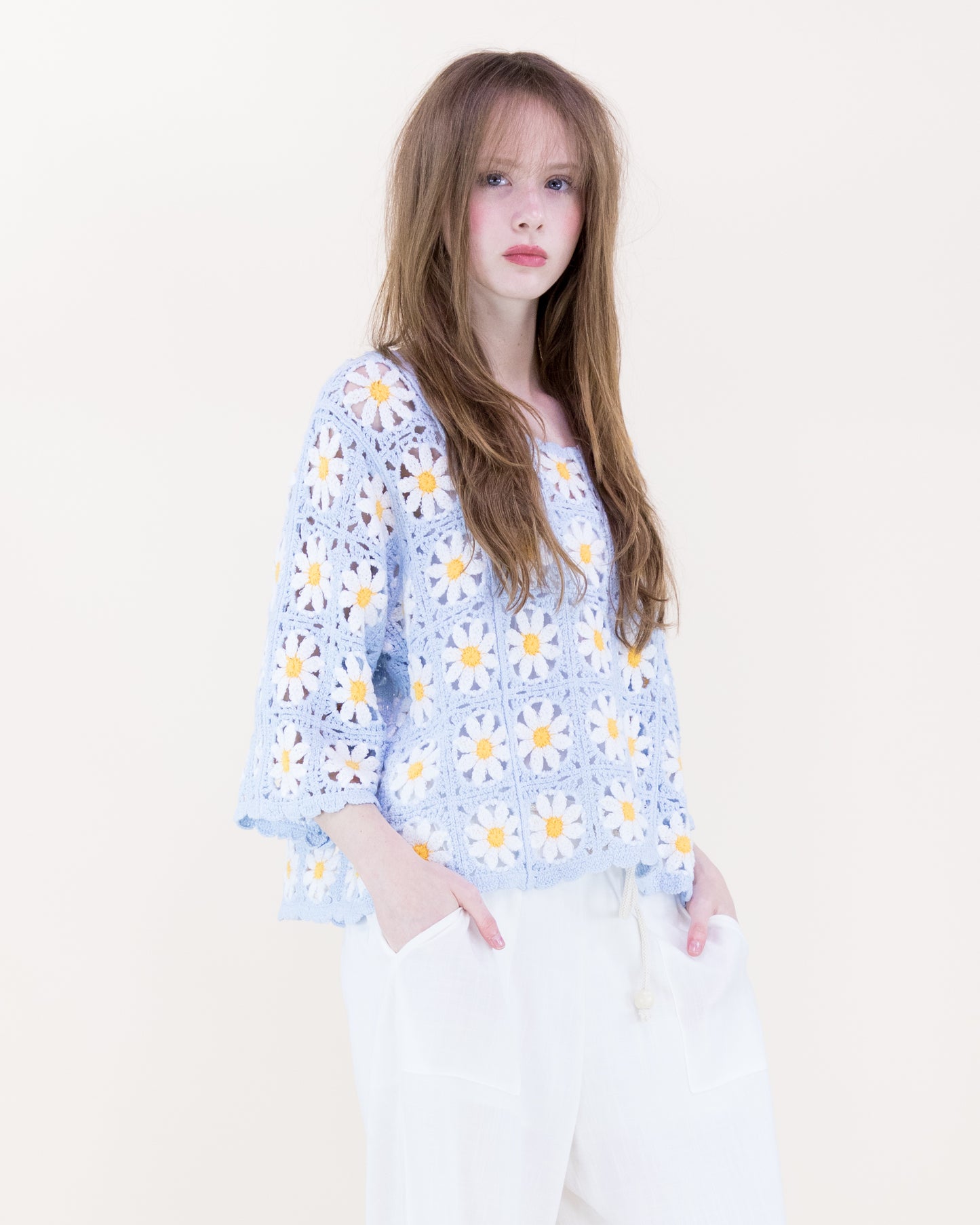 Daisy Cotton Crochet Quarter Sleeve Summer Sweater