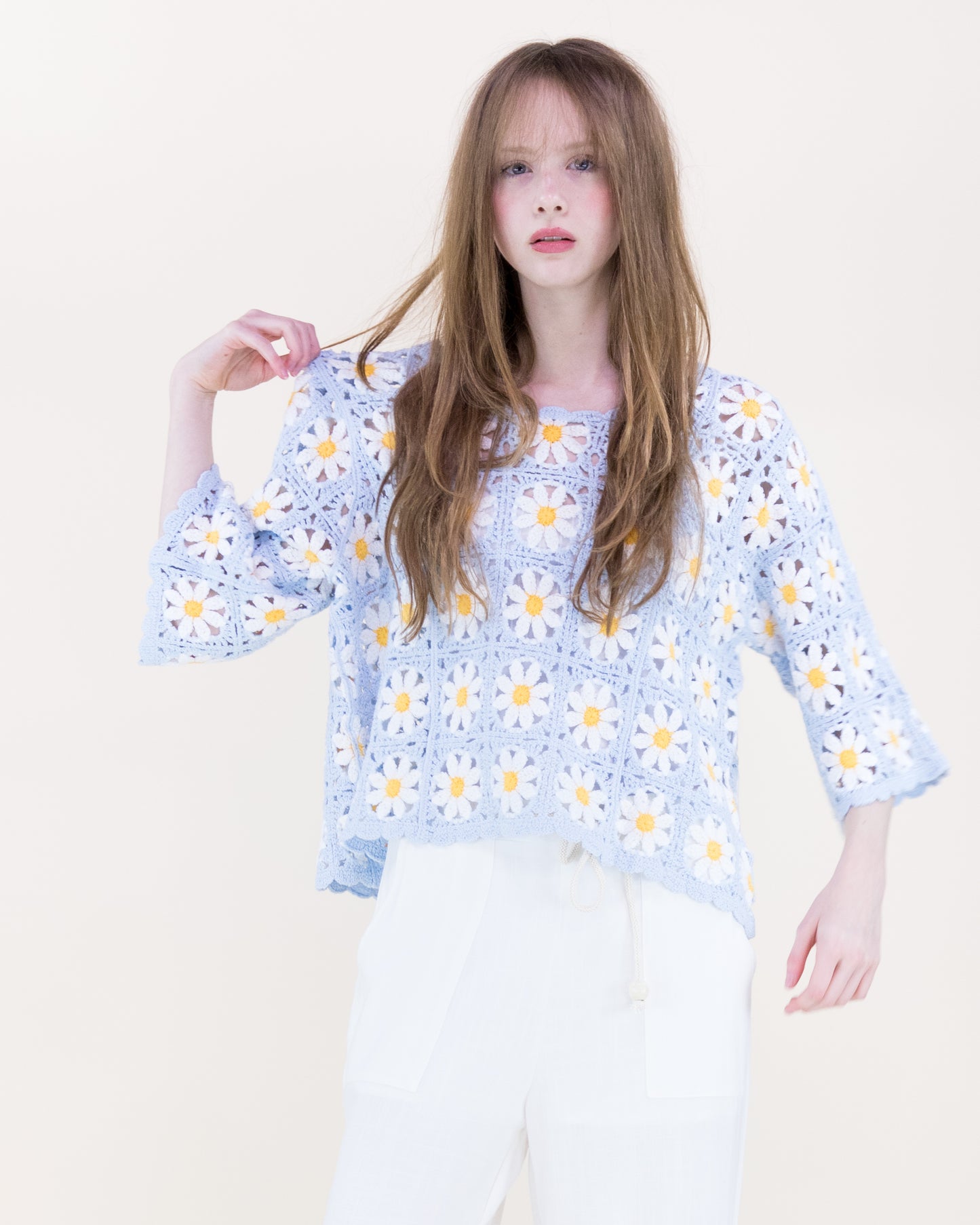 Daisy Cotton Crochet Quarter Sleeve Summer Sweater