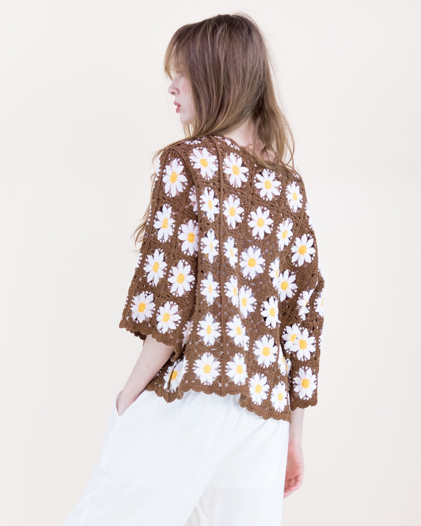 Daisy Cotton Crochet Quarter Sleeve Summer Sweater