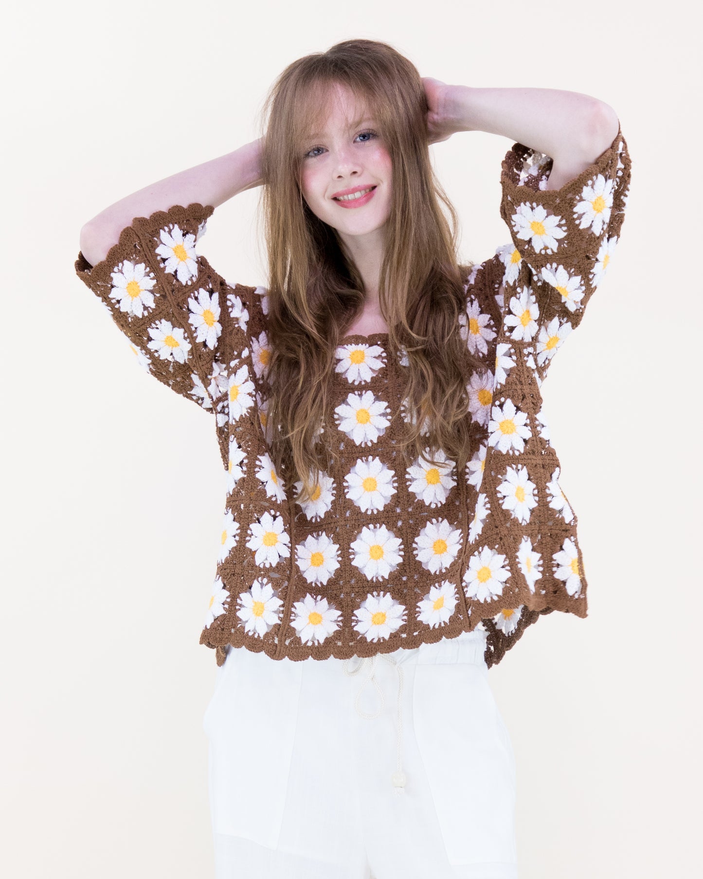 Daisy Cotton Crochet Quarter Sleeve Summer Sweater
