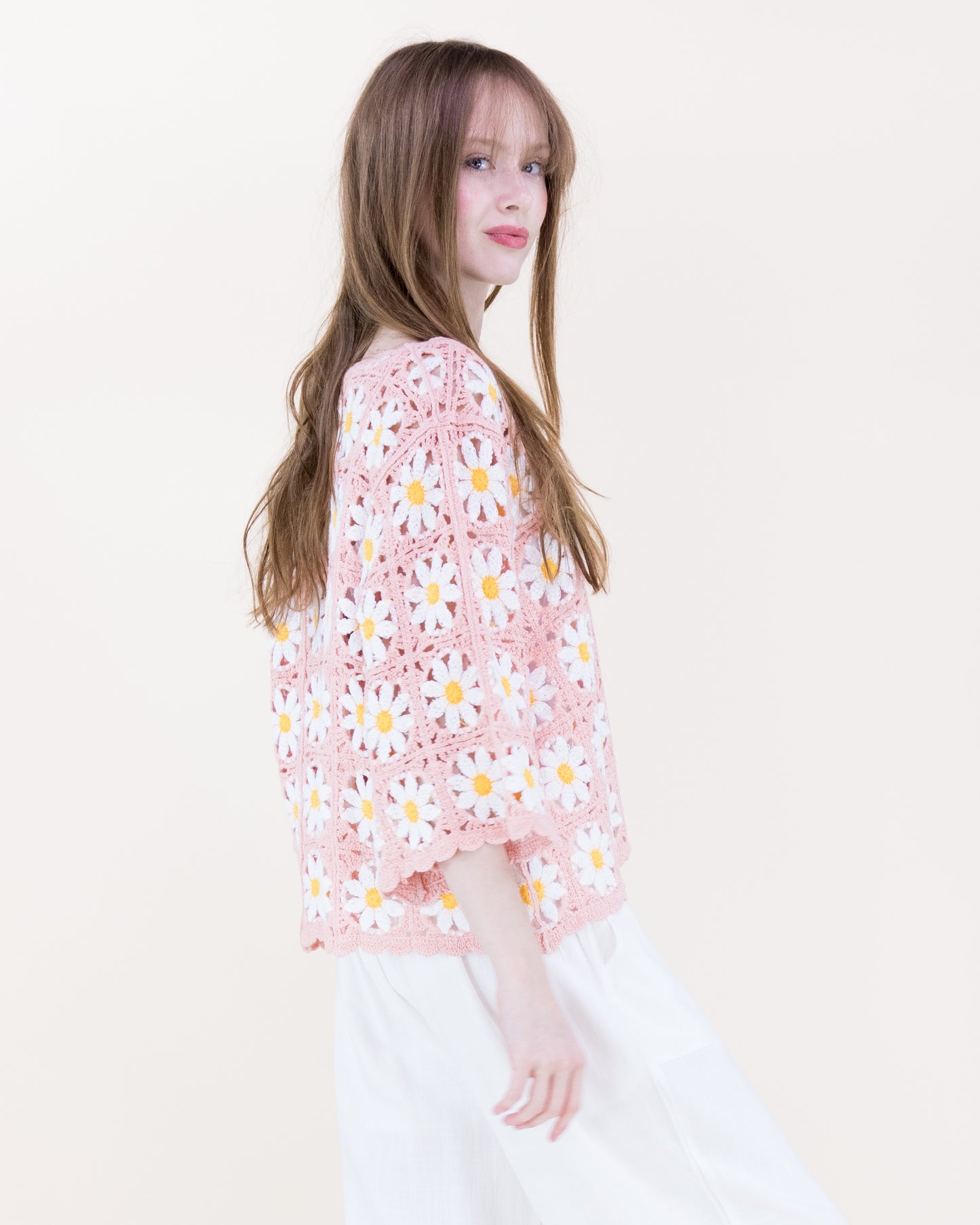 Daisy Cotton Crochet Quarter Sleeve Summer Sweater