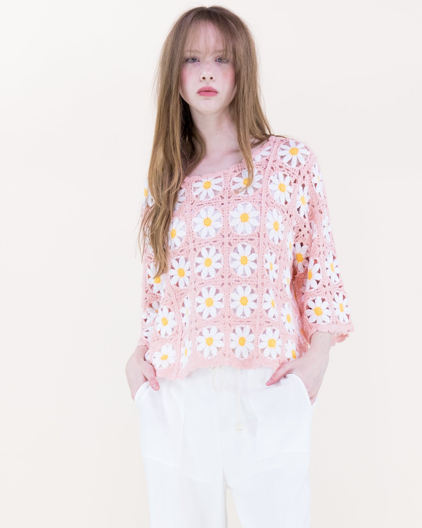 Daisy Cotton Crochet Quarter Sleeve Summer Sweater